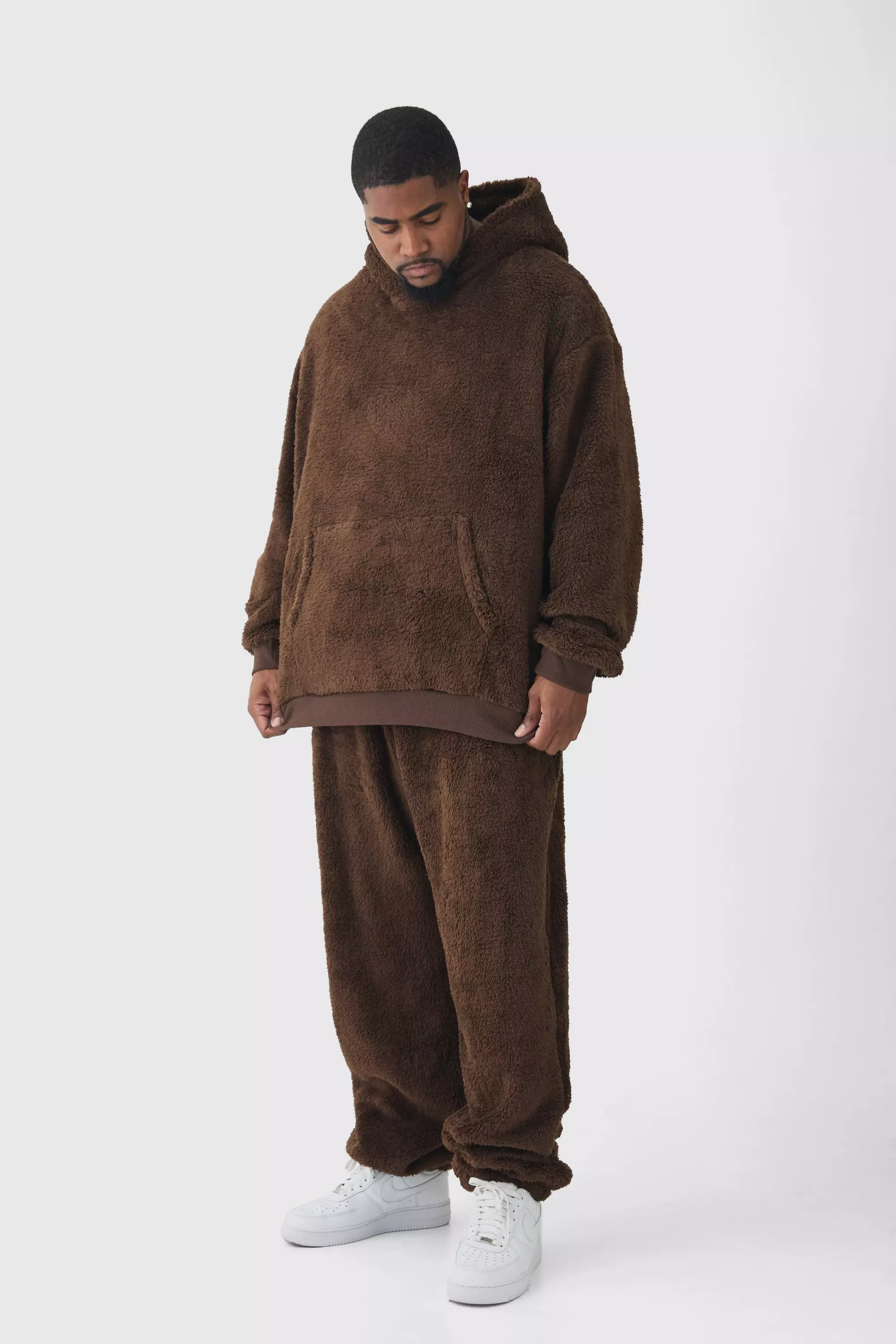 Chocolate Brown Plus Borg Oversized Hooded Tracksuit