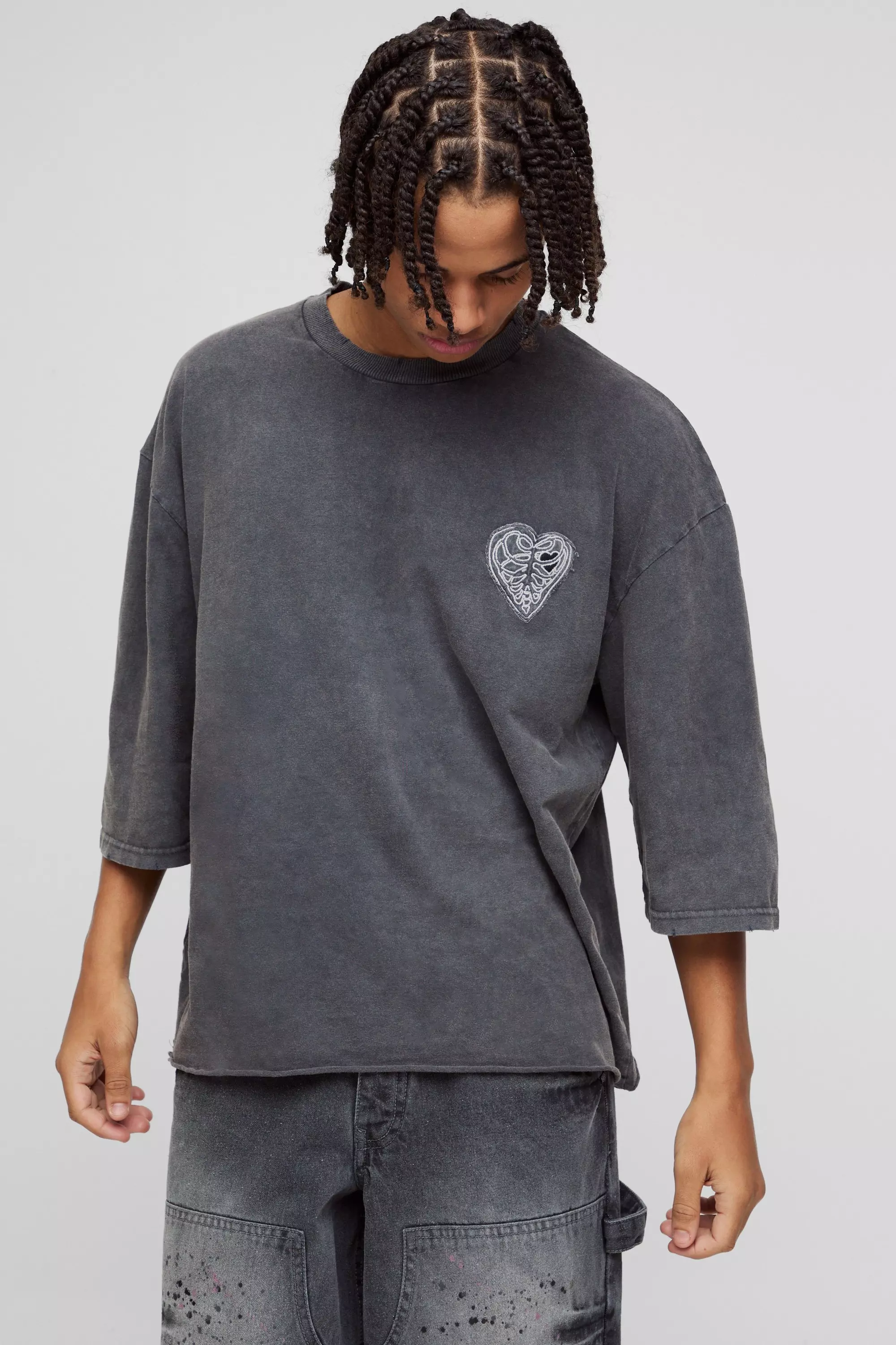 T-shirt oversize délavé à manches 3/4, Black autre image