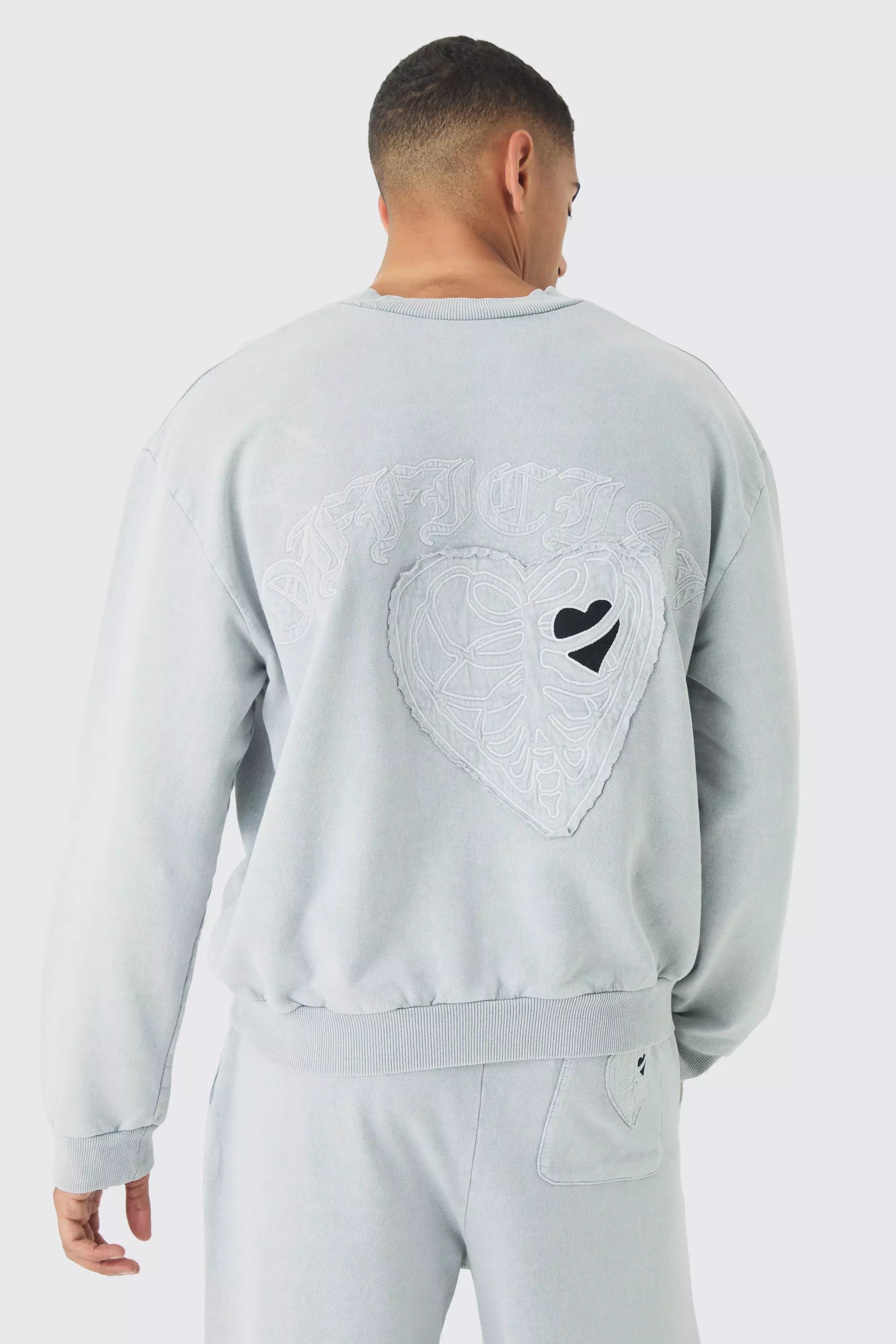 Light-grey Grey Oversized Boxy Washed and Applique Heart Sweatshirt