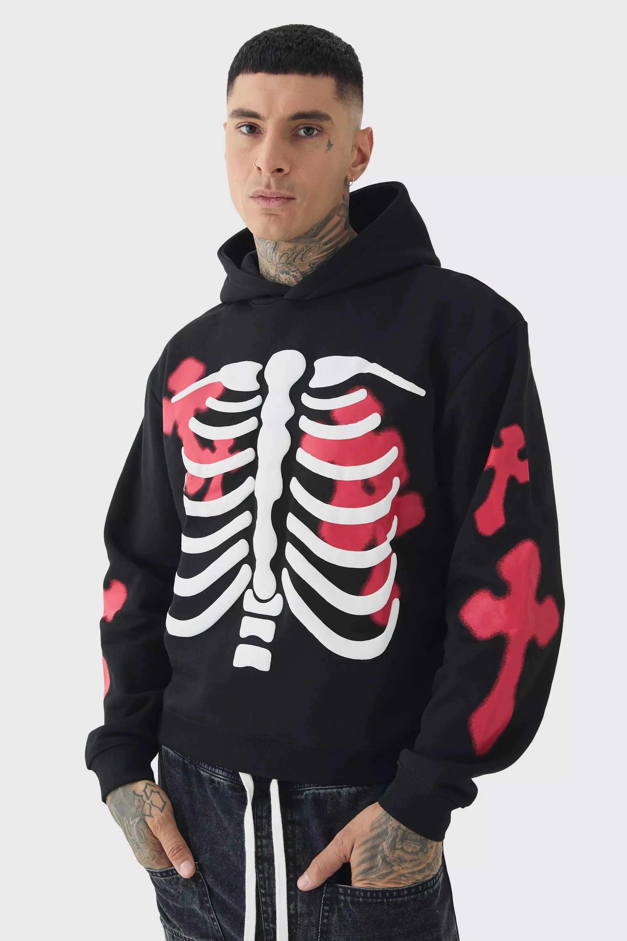 Tall Oversized Boxy Skeleton Puff Print Hoodie With Crosses Black