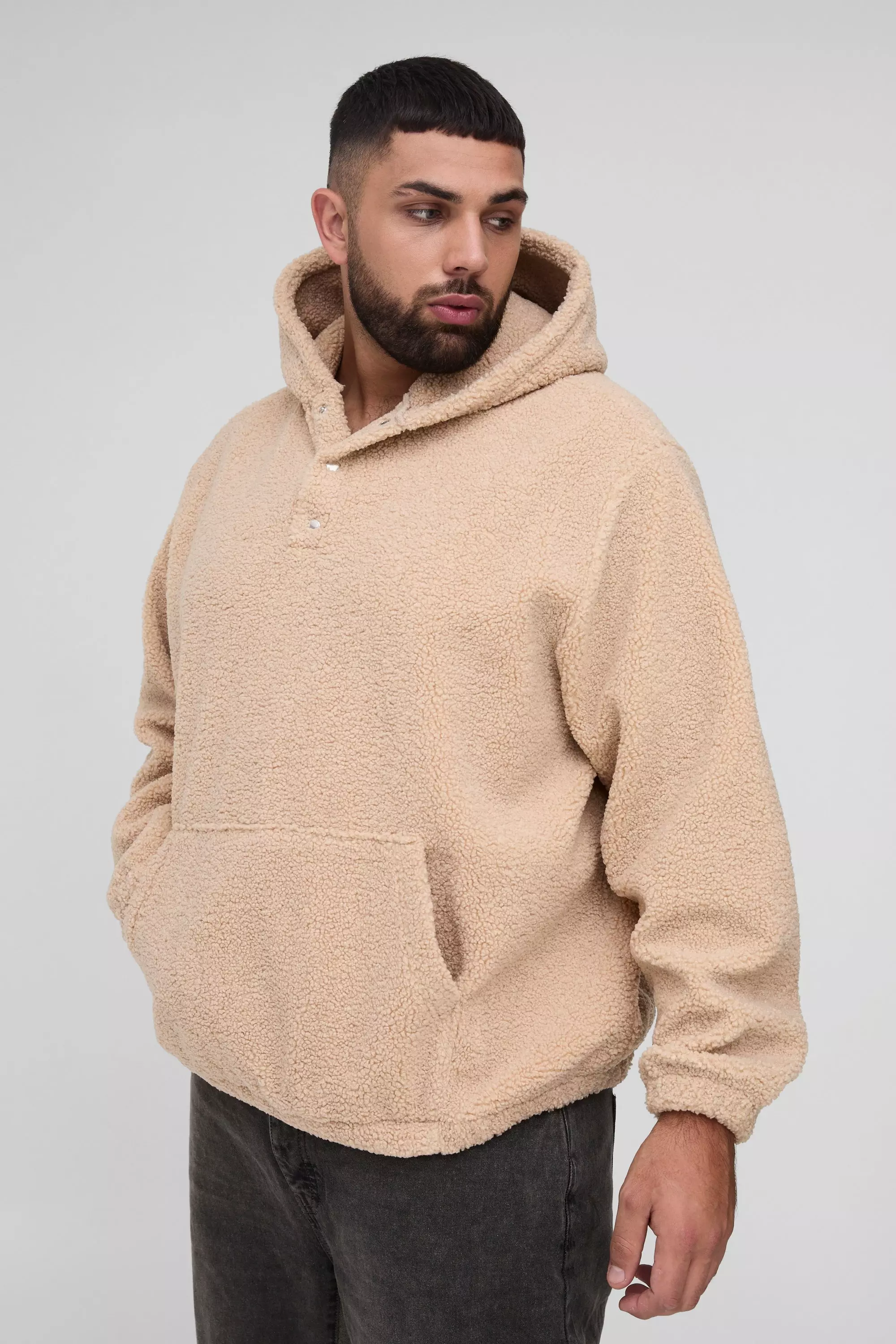 Stone Plus Oversized Boucle Borg Popper Neck Hoodie alternative image