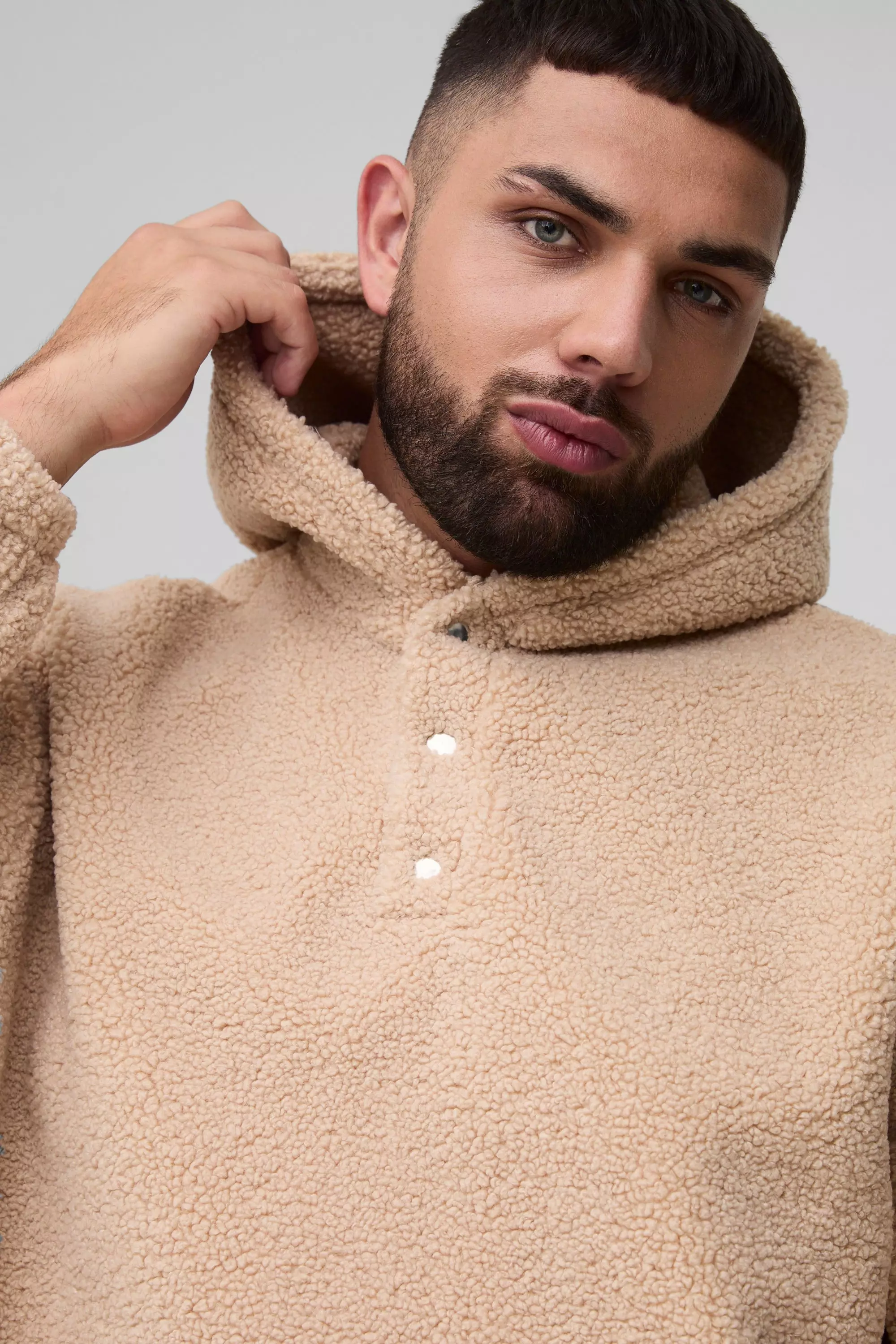 Stone Plus Oversized Boucle Borg Popper Neck Hoodie alternative image