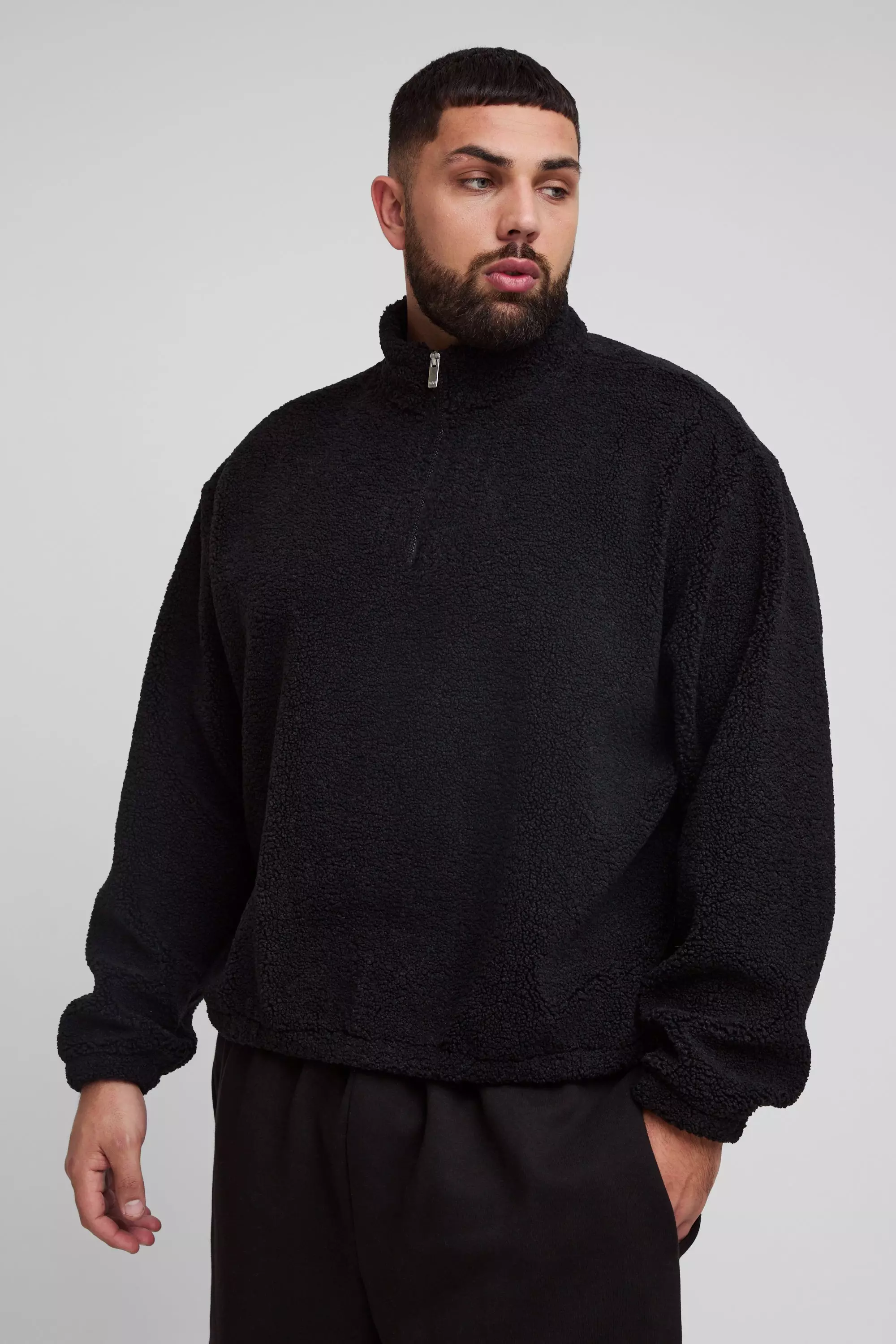 Black Plus Oversized Boxy Boucle Borg 1/4 Zip Sweater