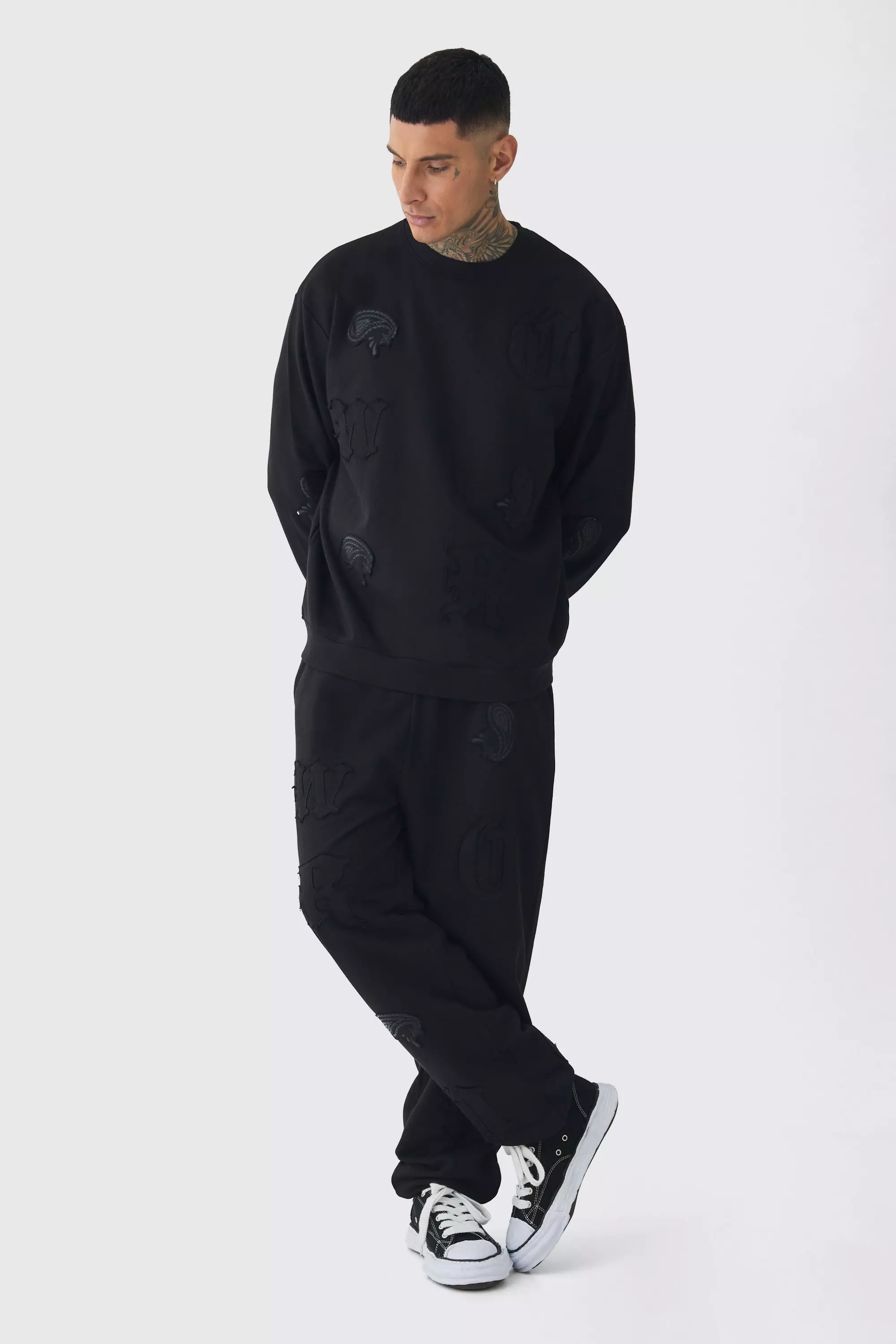 Tall Oversized Applique Sweater & Relaxed Sweatpants Tracksuit Black