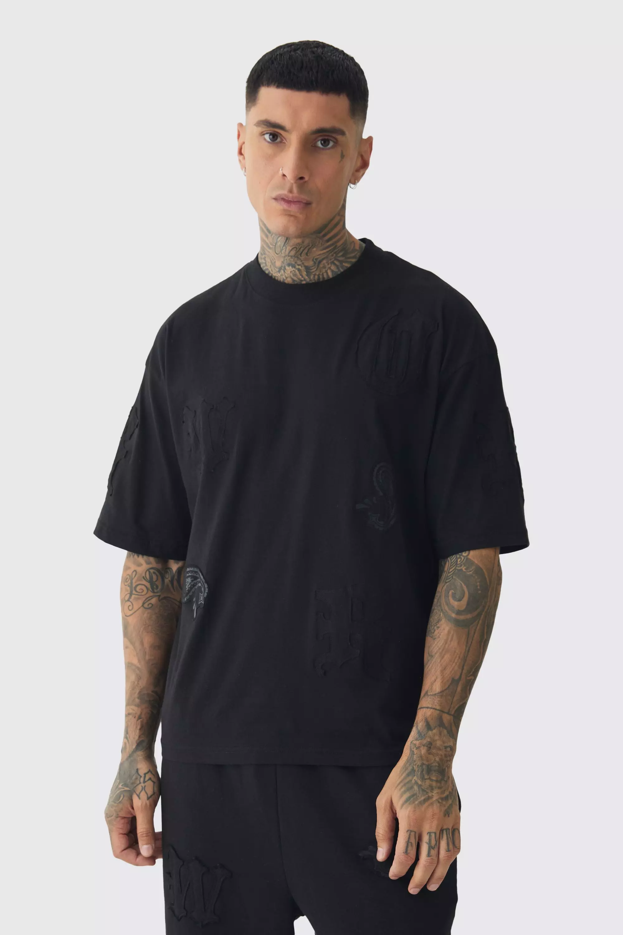 Tall Oversized Boxy Paisley Applique T-Shirt Black