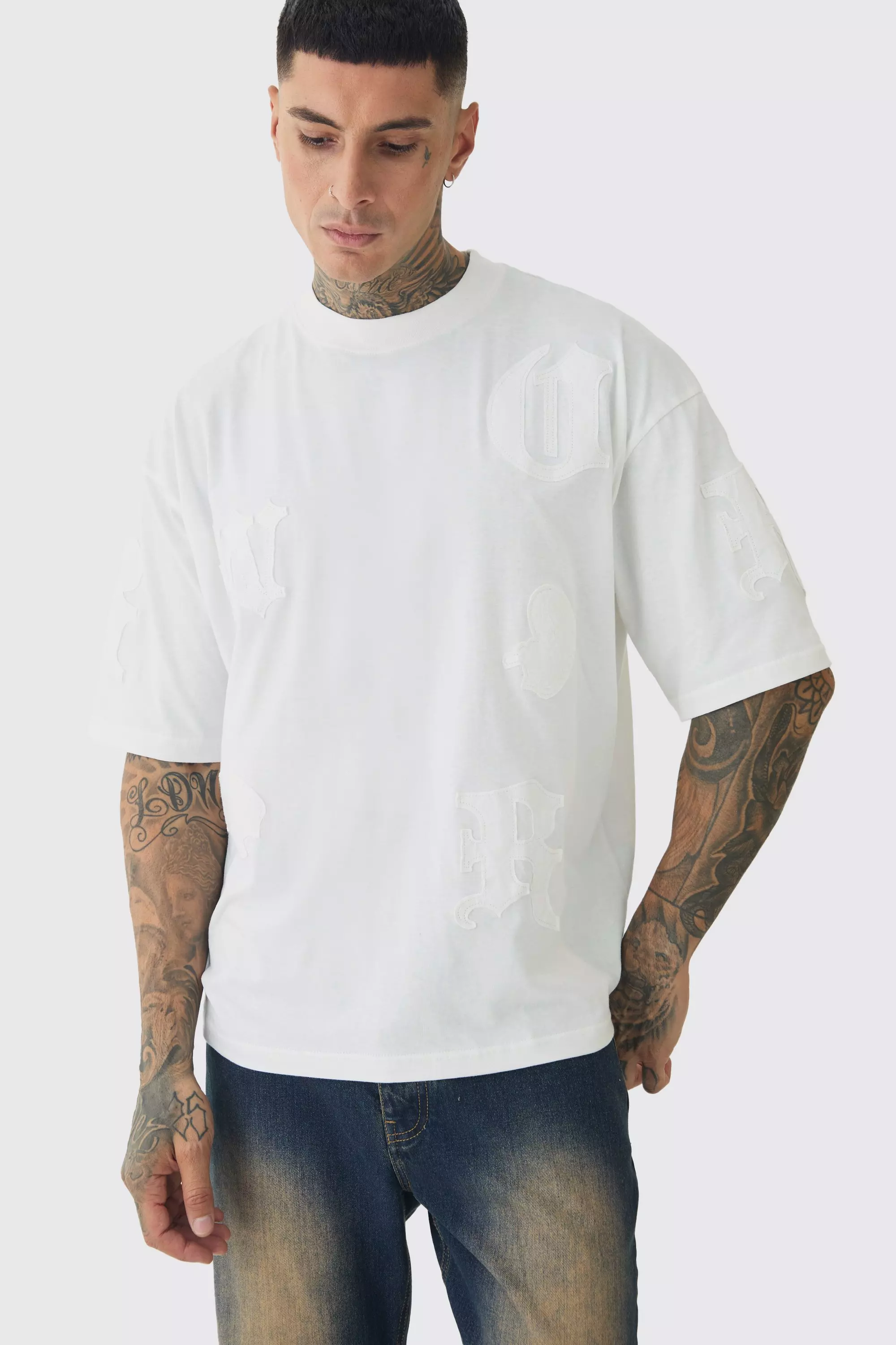 Tall Oversized Boxy Paisley Applique T-Shirt White