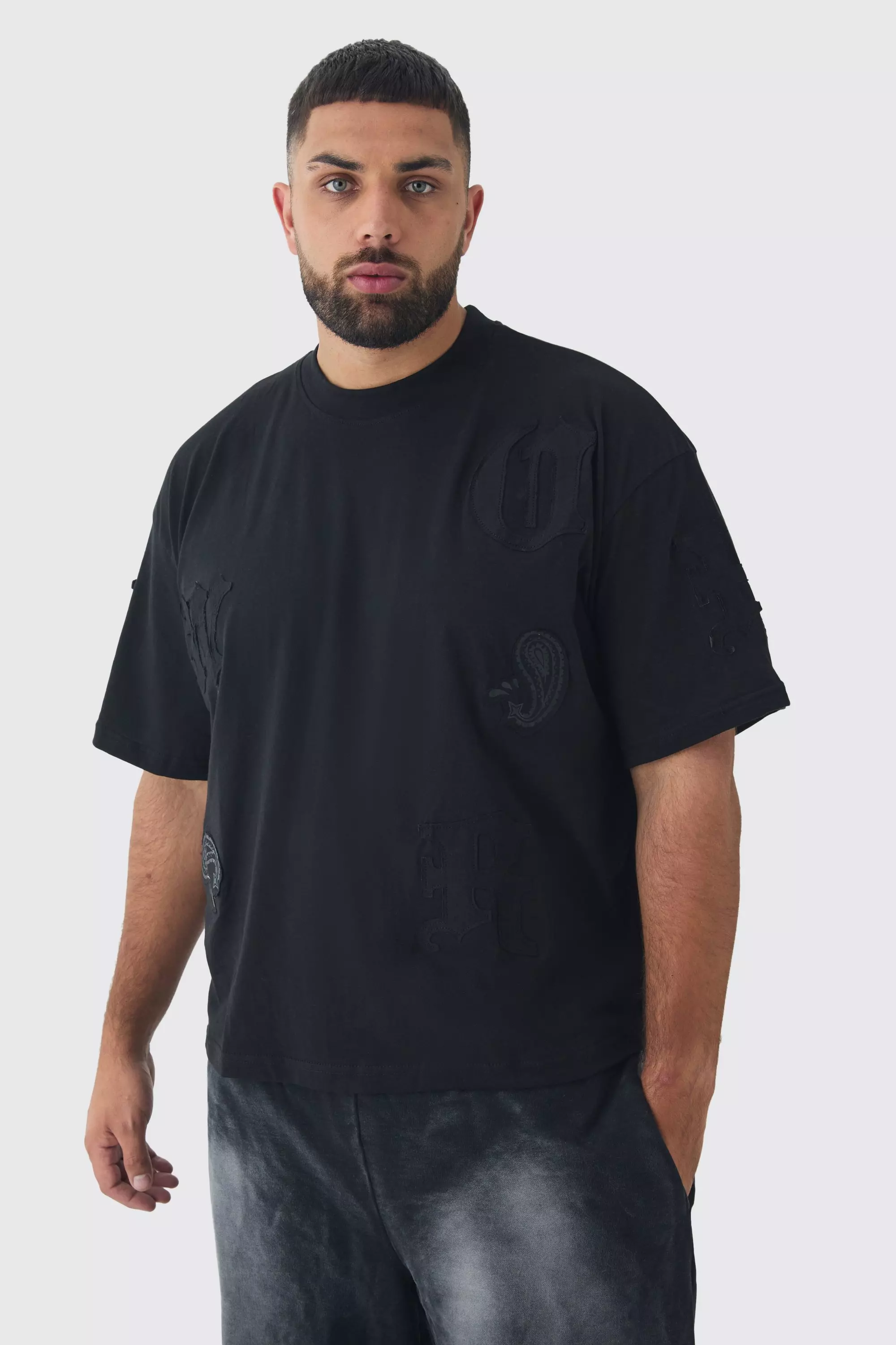 Plus Oversized Boxy Paisley Applique T-Shirt Black