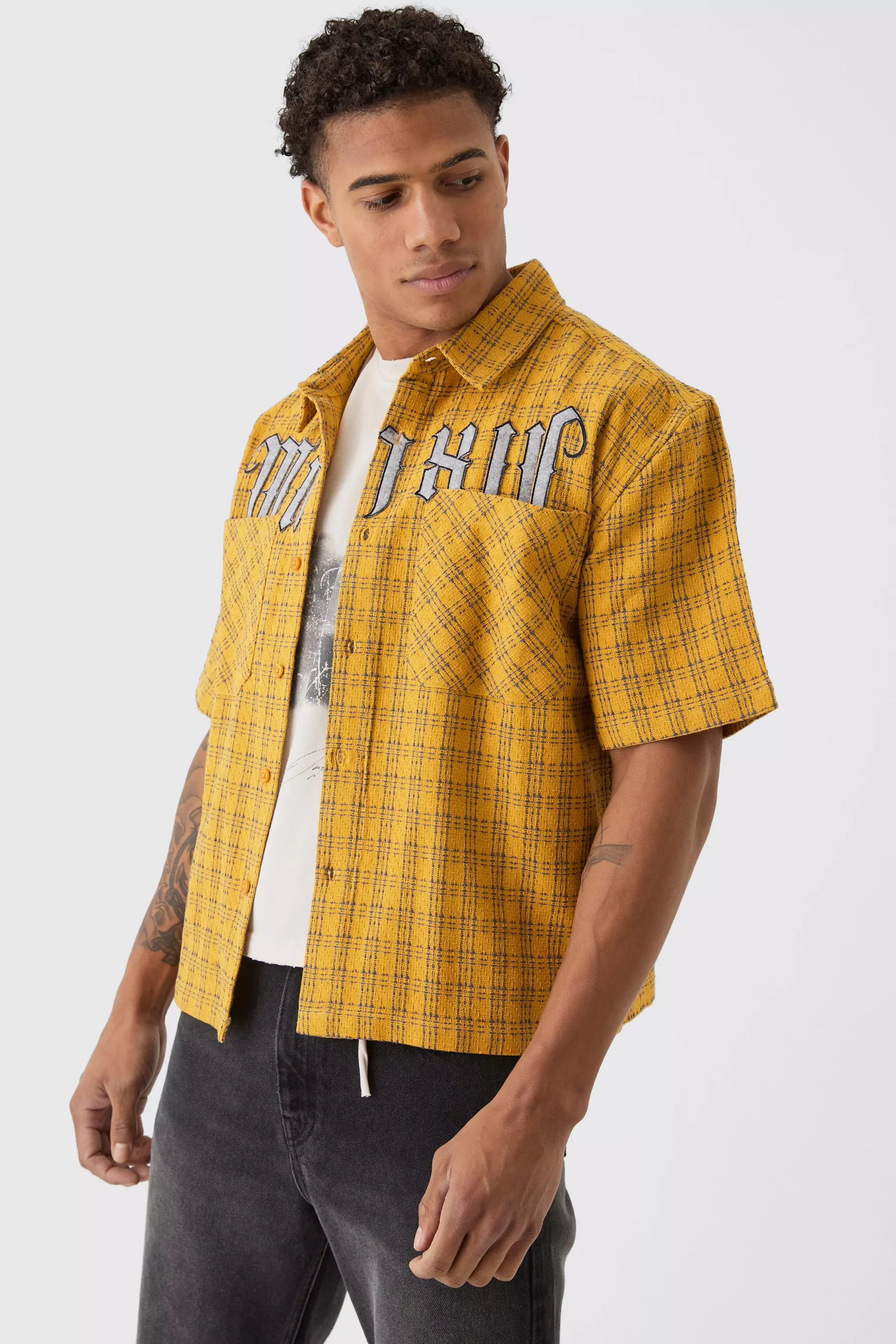 Yellow Oversized Small Plaid Double Pocket Boxy Shirt