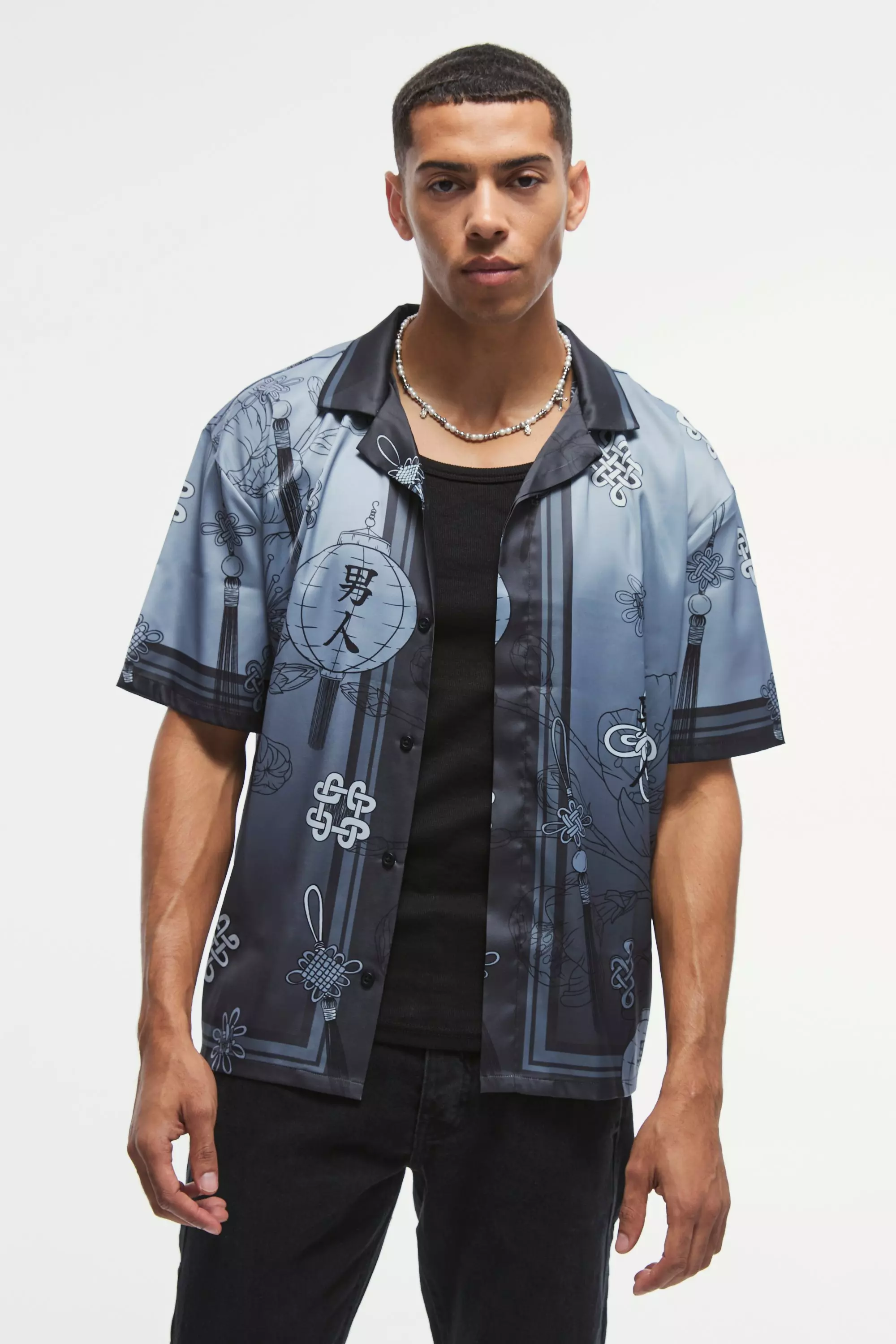 Chemise oversize satinée fleurie, Grey autre image