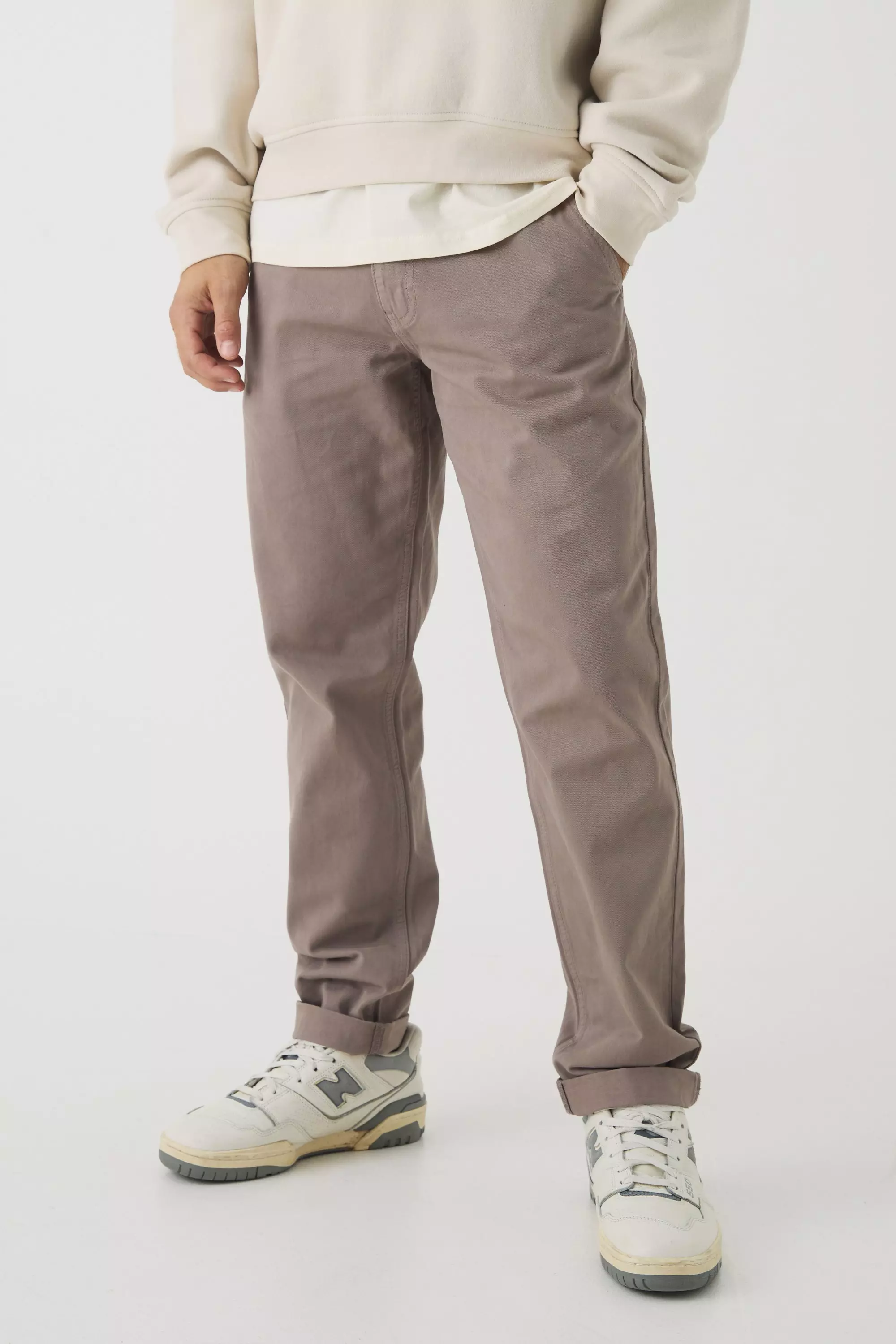 Fixed Waist Tapered Turn Up Hem Chino Pants Taupe