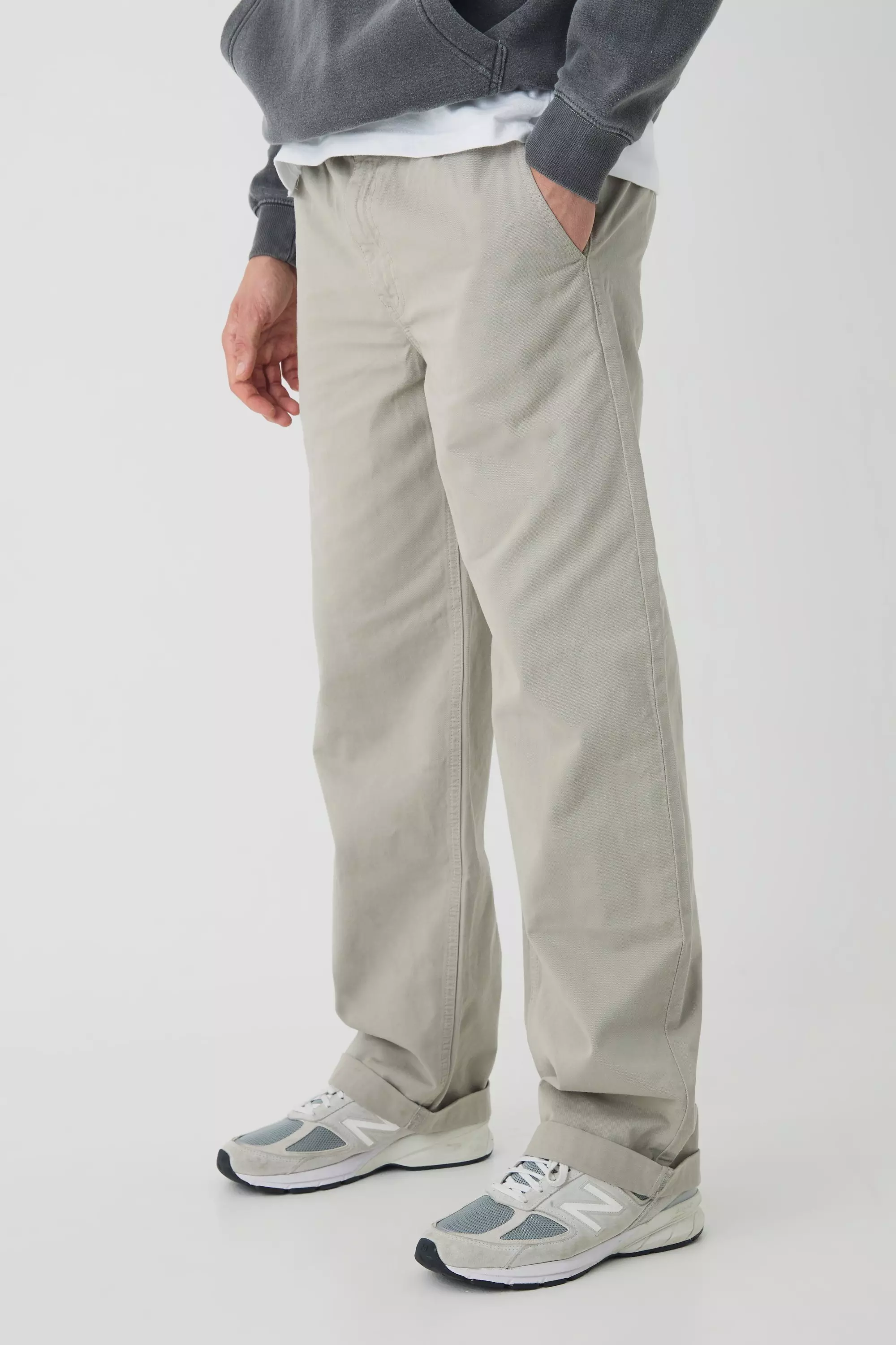 Elasticated Waist Baggy Turn Up Hem Chino Trousers Light khaki