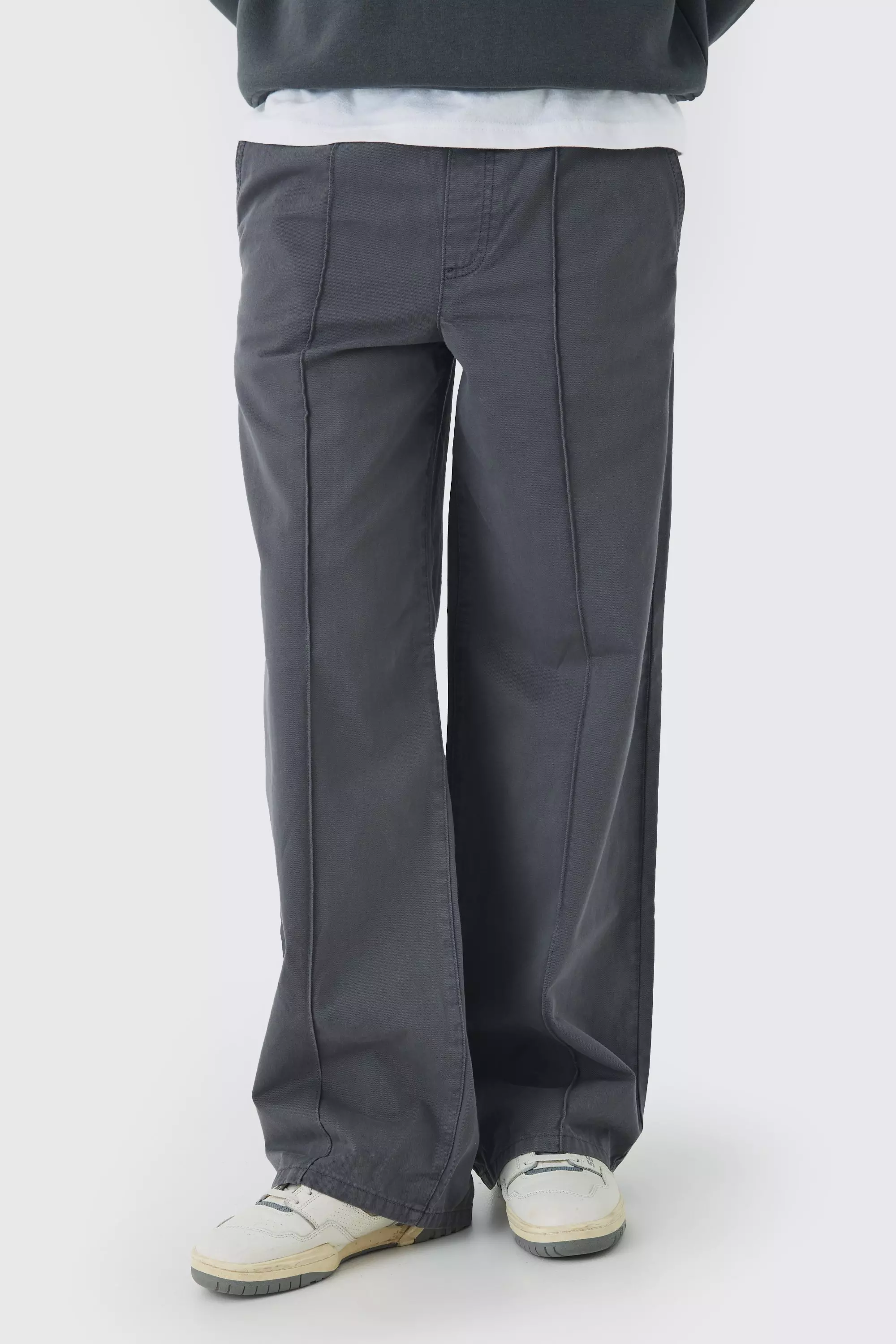 Elasticated Waist Wide Leg Pintuck Chino Pants Charcoal