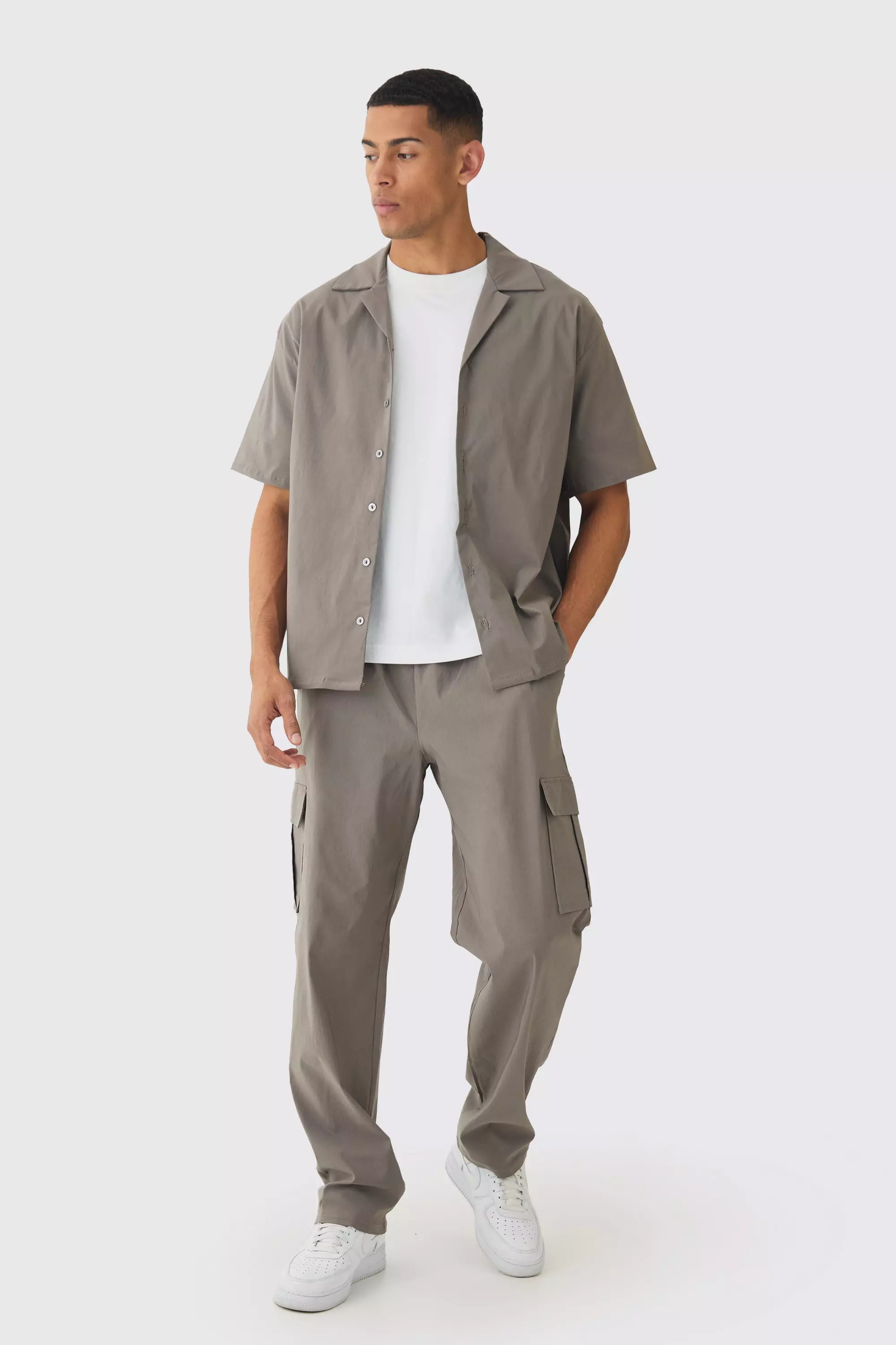Taupe Oversized Revere Bengaline Shirt & Cargo Pants Set alternative image