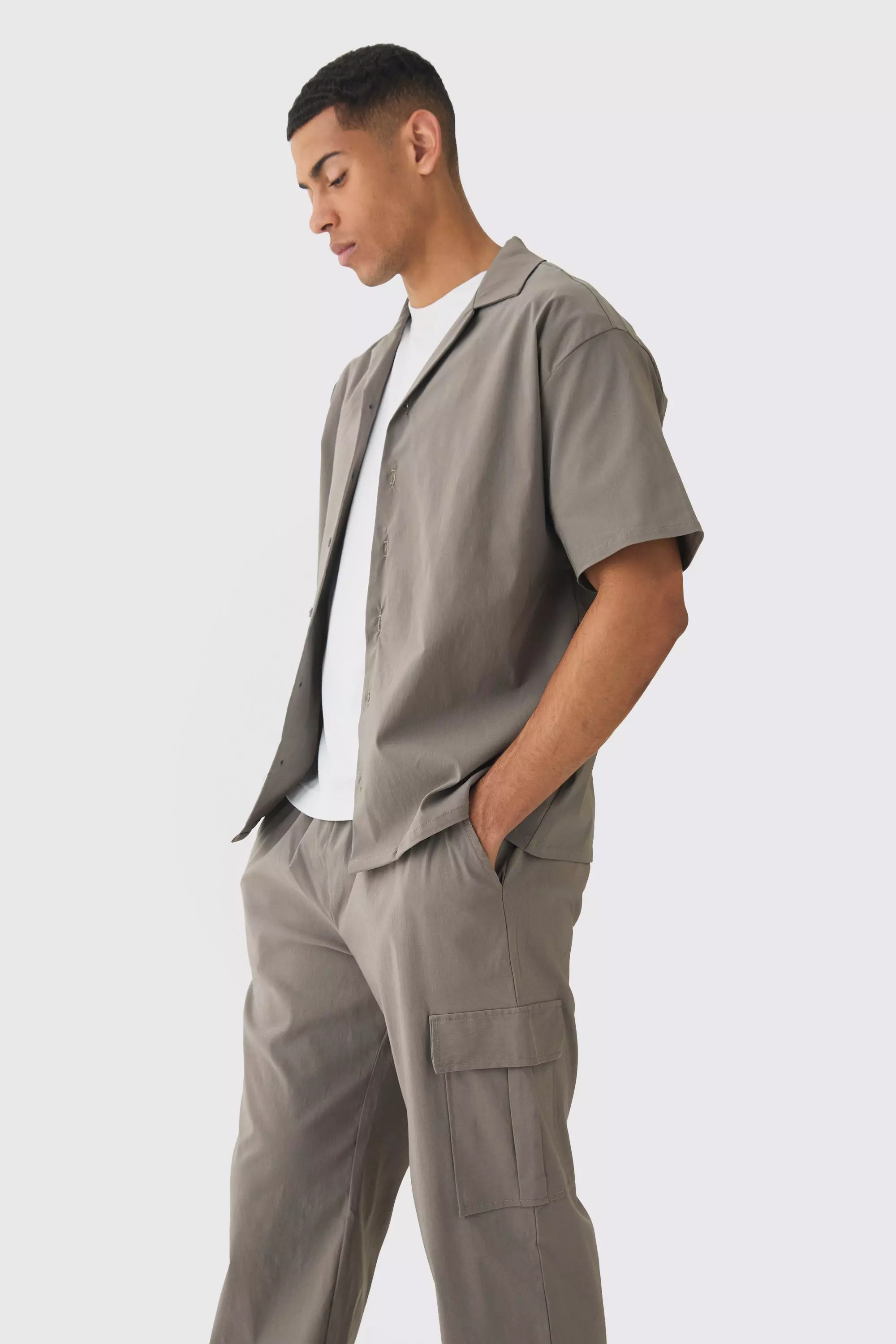 Taupe Oversized Revere Bengaline Shirt & Cargo Pants Set alternative image