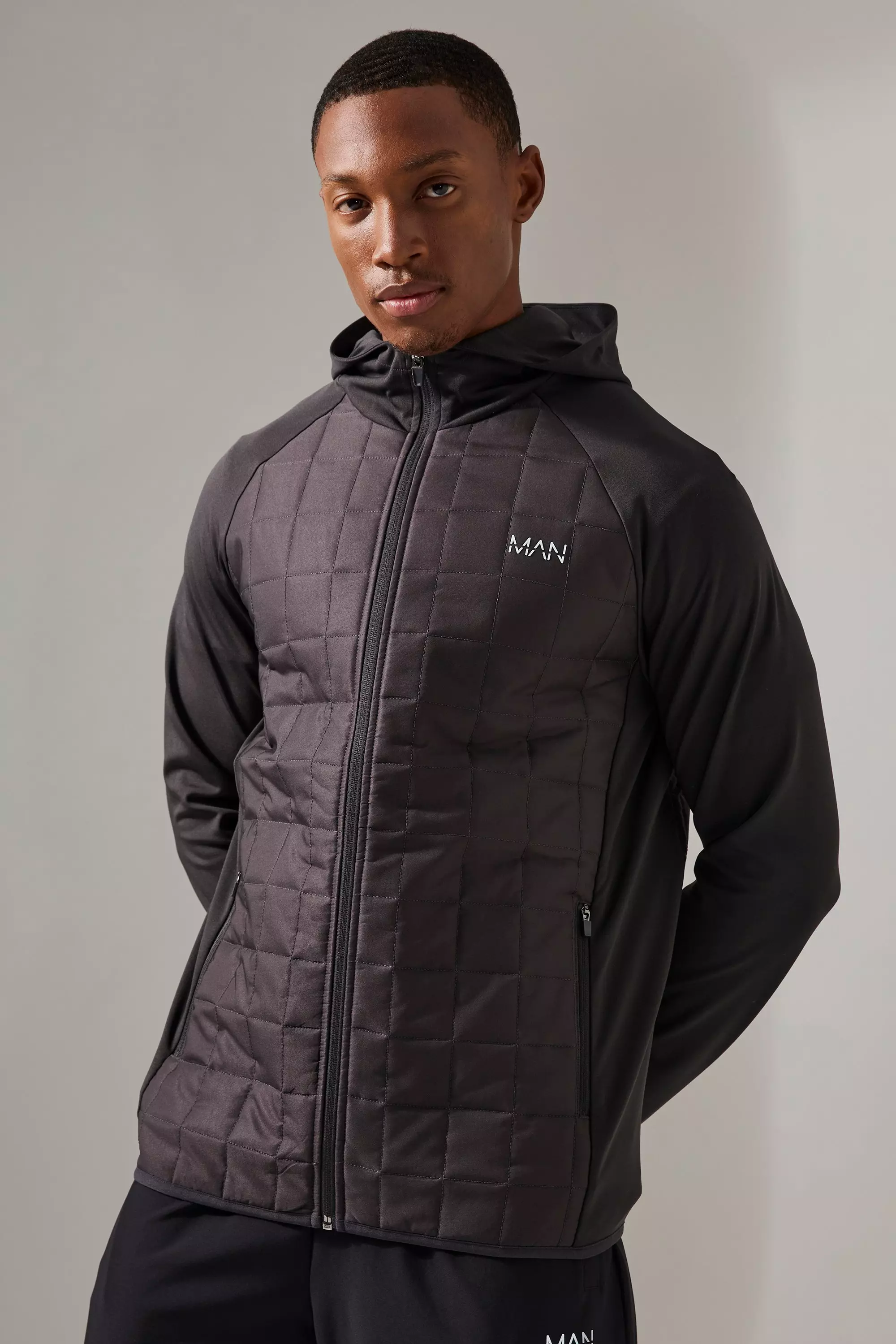 Man Active Check Quilted Zip Through Hoodie Charcoal