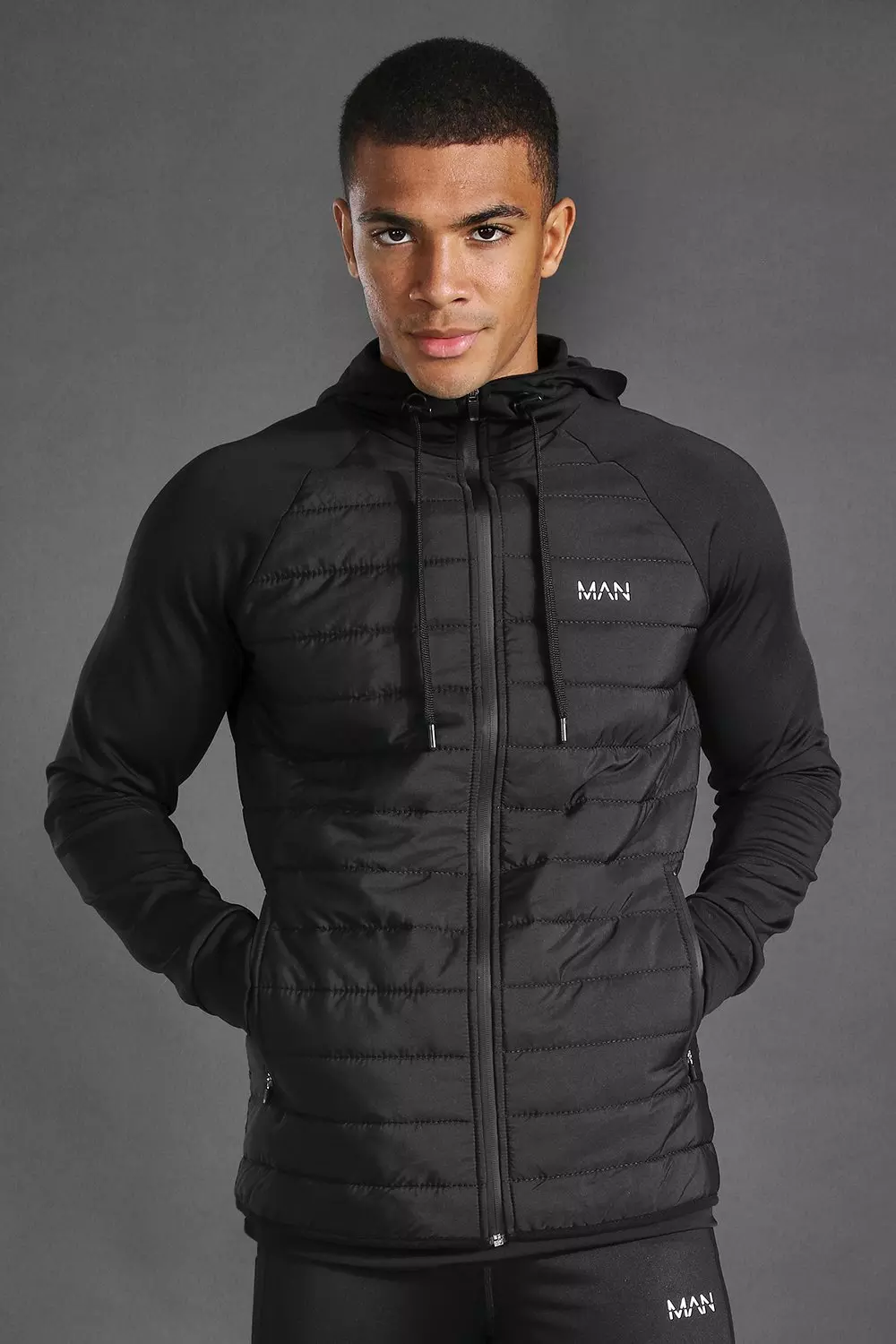 Man Active Quilted Zip Through Hoodie Black