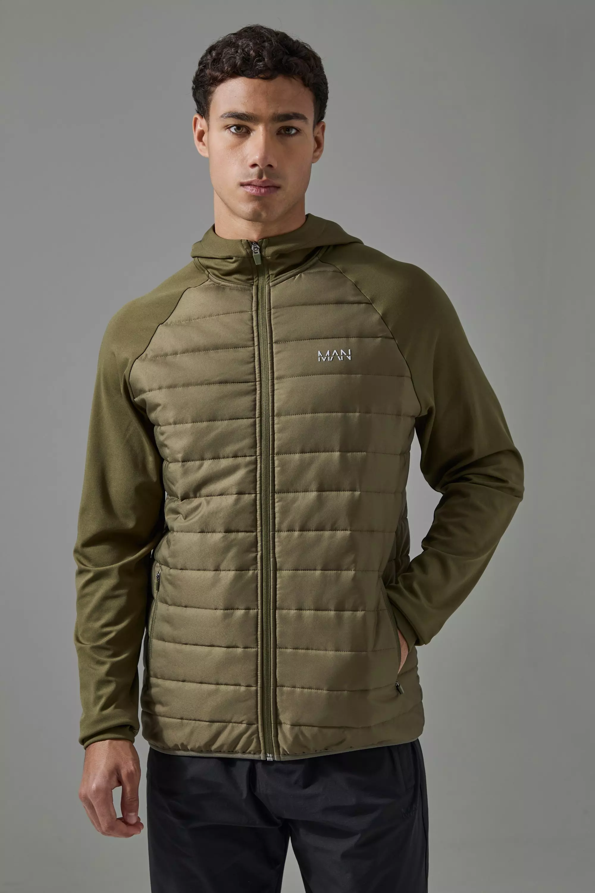 Man Active Quilted Zip Through Hoodie Khaki