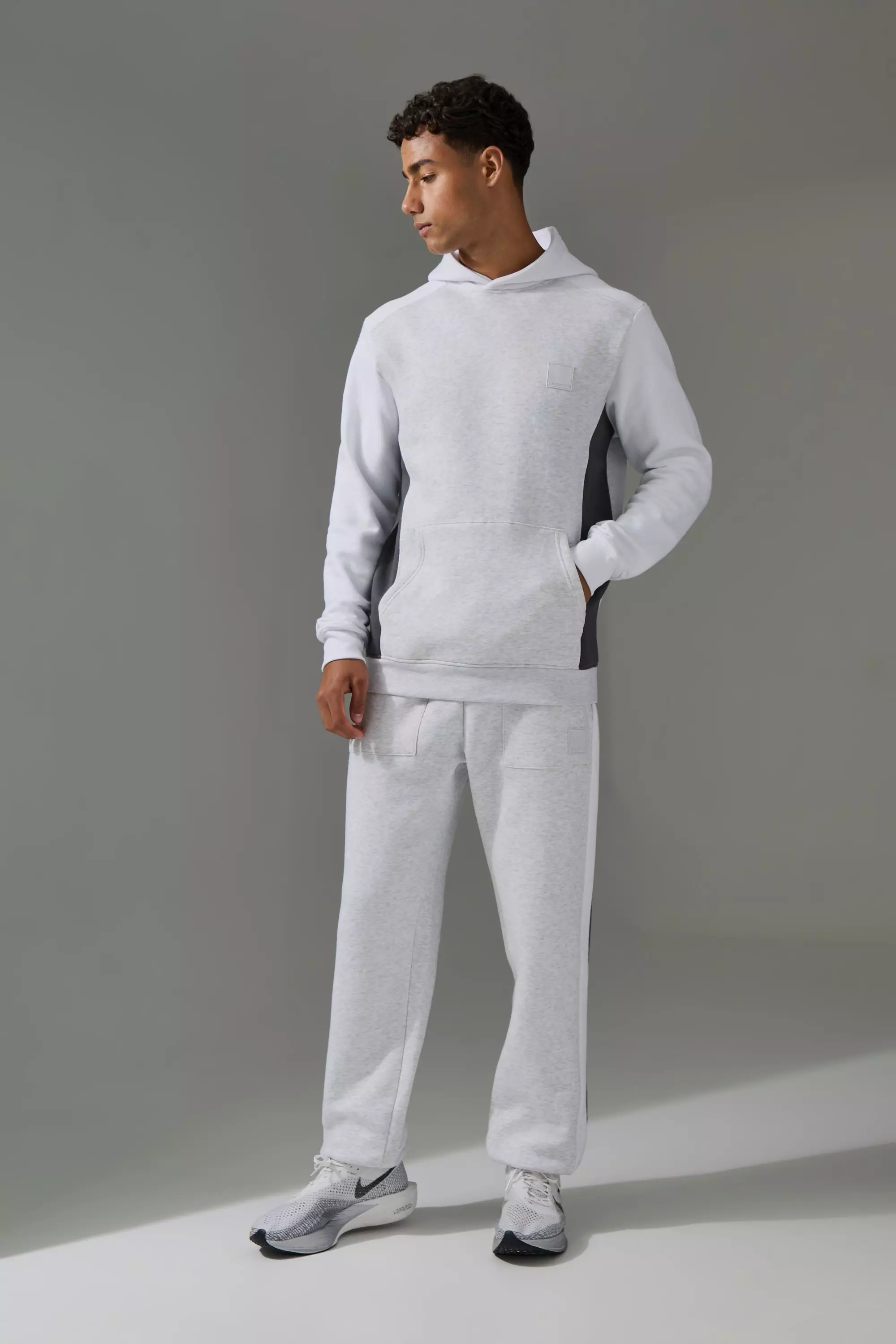 Light-grey Grey Man Active Colour Block Hoodie and Sweatpants Tracksuit