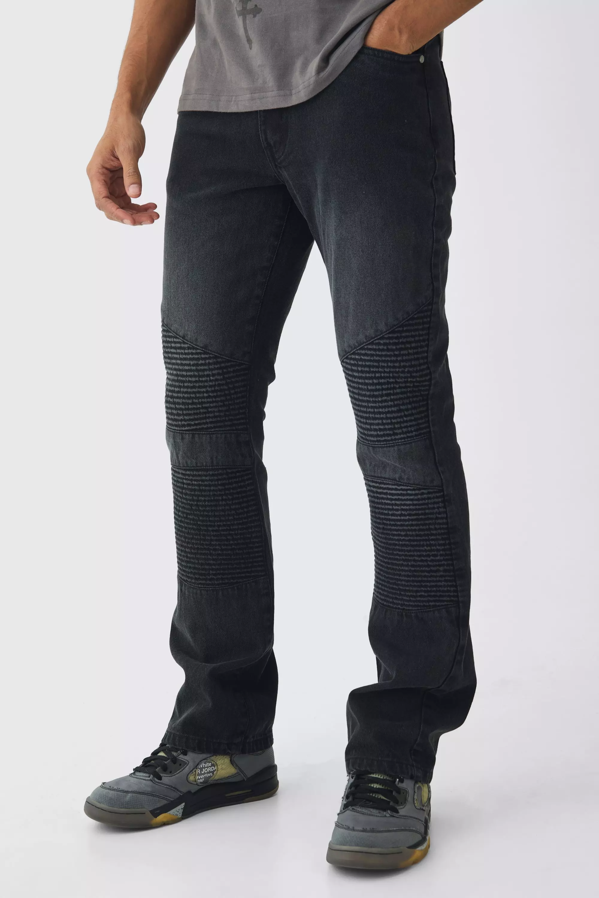 Slim Rigid Flare Biker Panelling Denim Jeans Charcoal