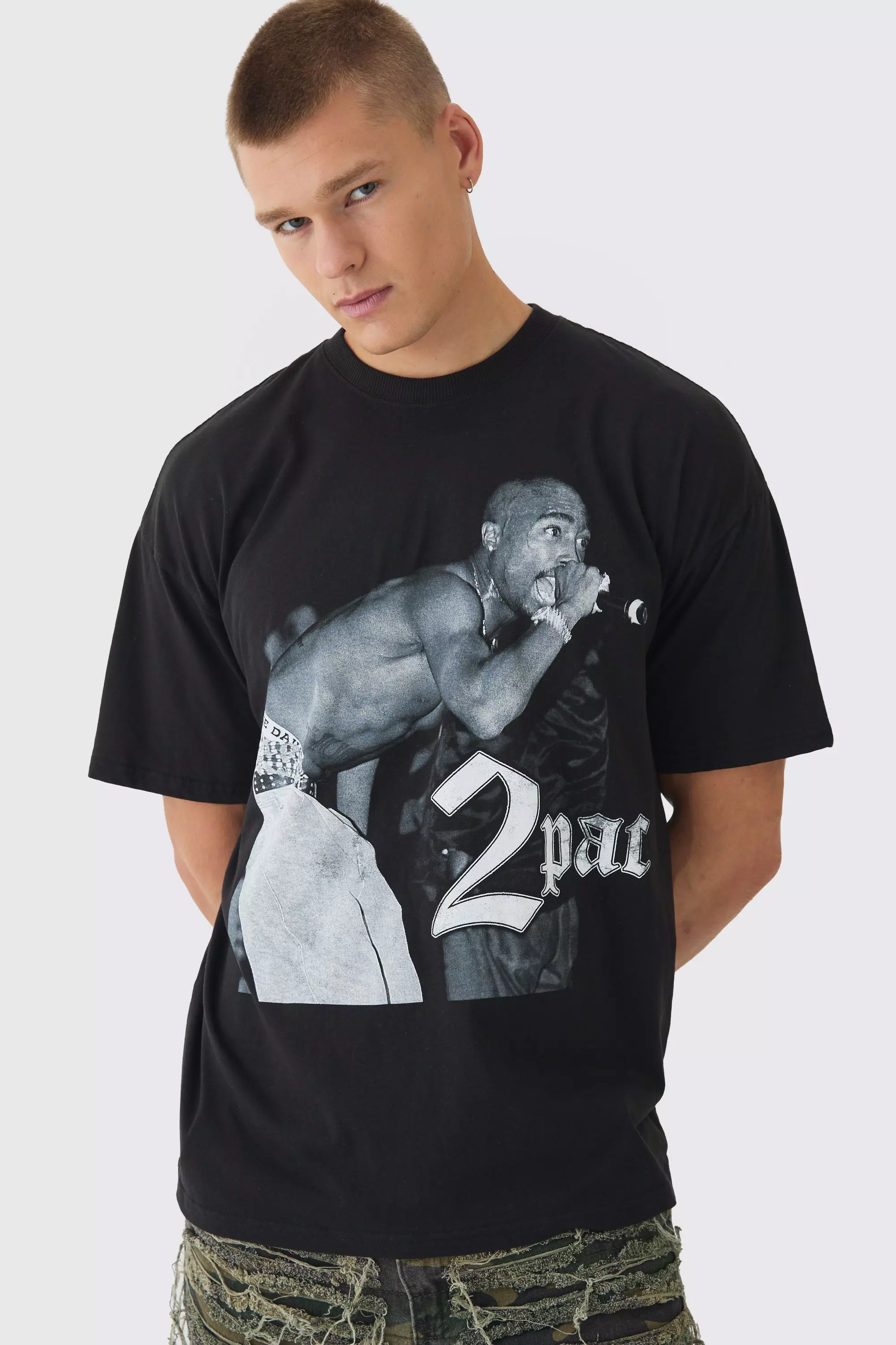 Oversized Tupac License Print T-Shirt Black