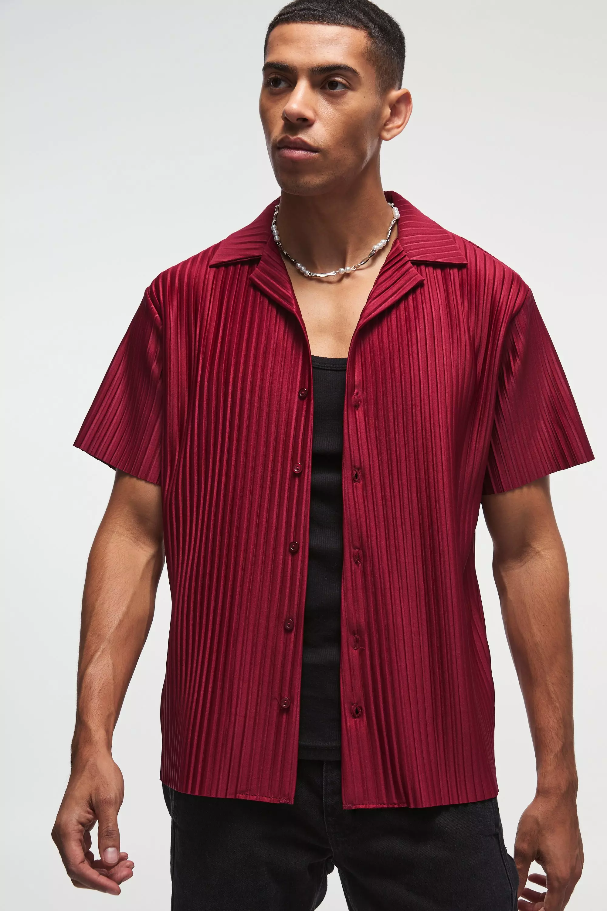 Burgundy Geplooid Regular Fit Overhemd Met Revers Kraag alternatieve afbeelding