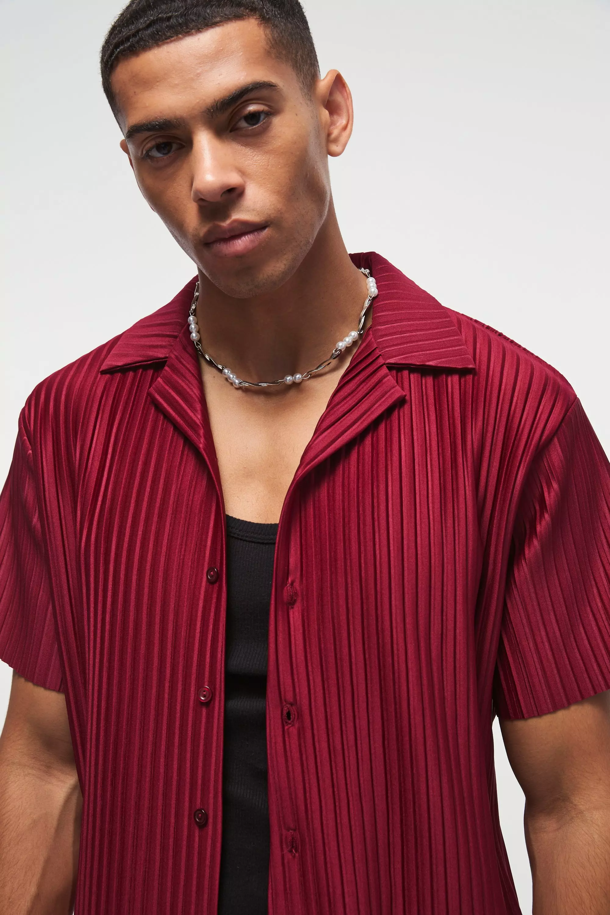 Burgundy Geplooid Regular Fit Overhemd Met Revers Kraag alternatieve afbeelding