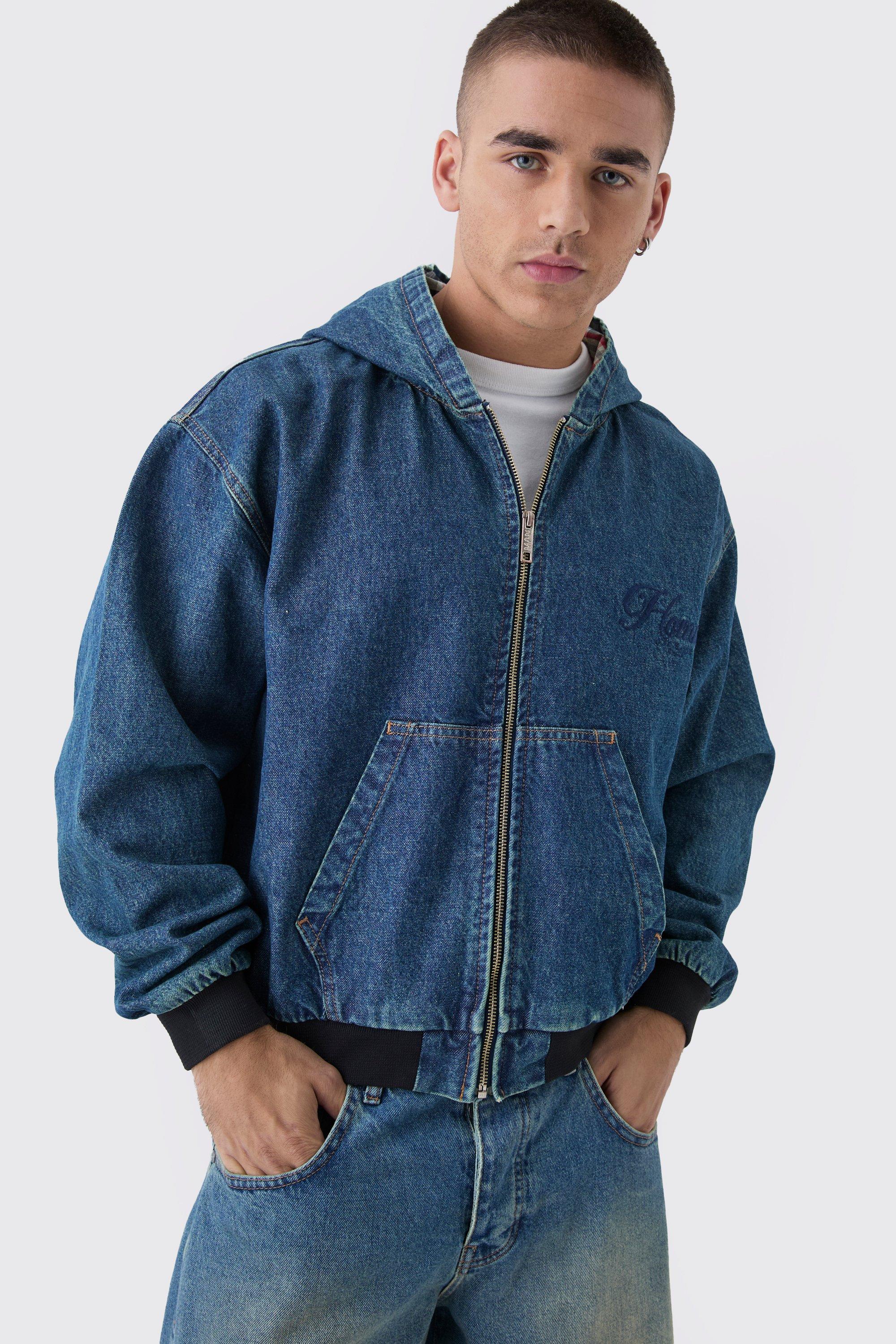 Antique blue Oversized Geborduurde Boxy Denim Hoodie