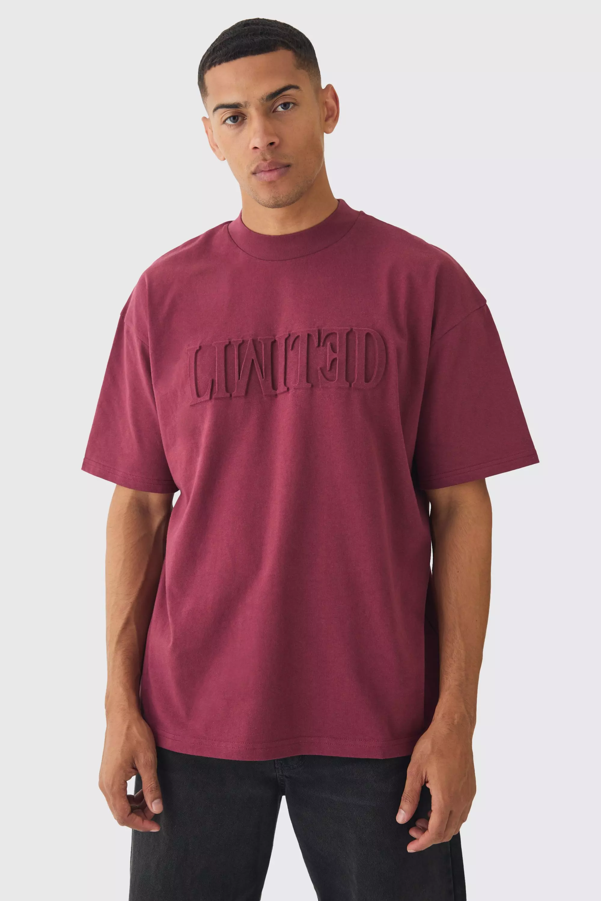 Oversized Extended Neck Varsity Embossed T-Shirt Burgundy