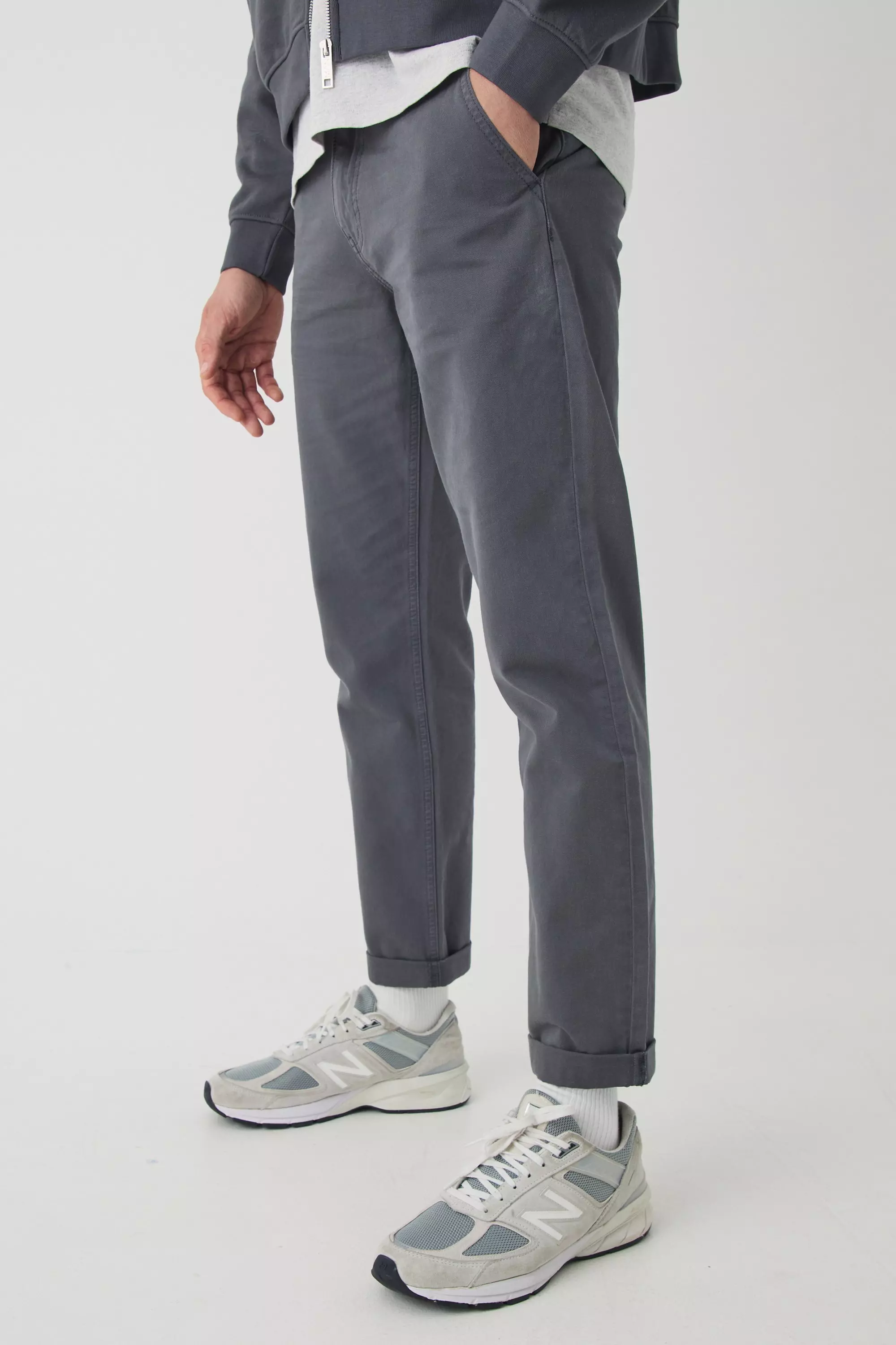 Fixed Waist Tapered Turn Up Hem Chino Pants Charcoal