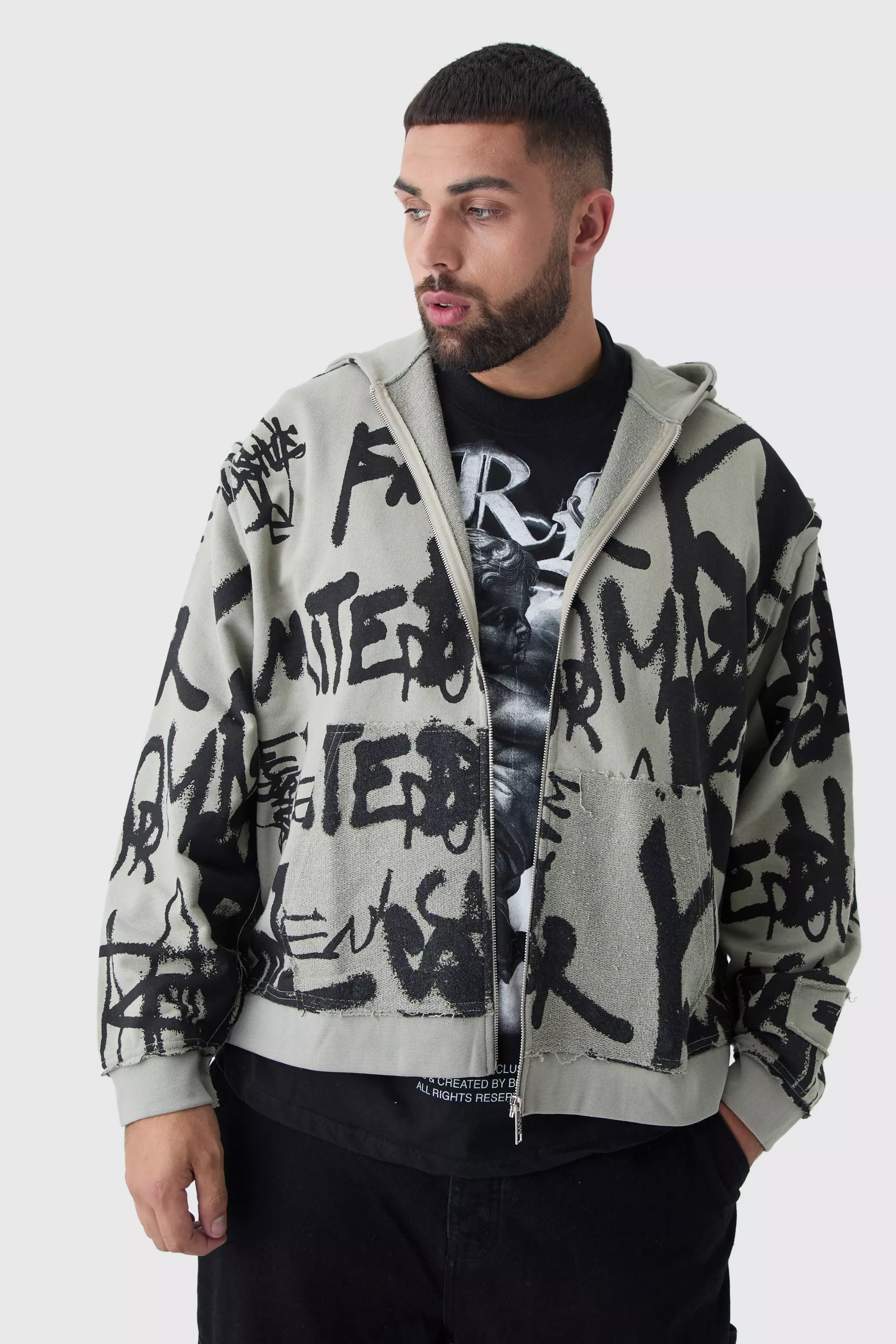 Plus Oversized Boxy Graffiti Print Zip Through Loopback Hoodie Taupe