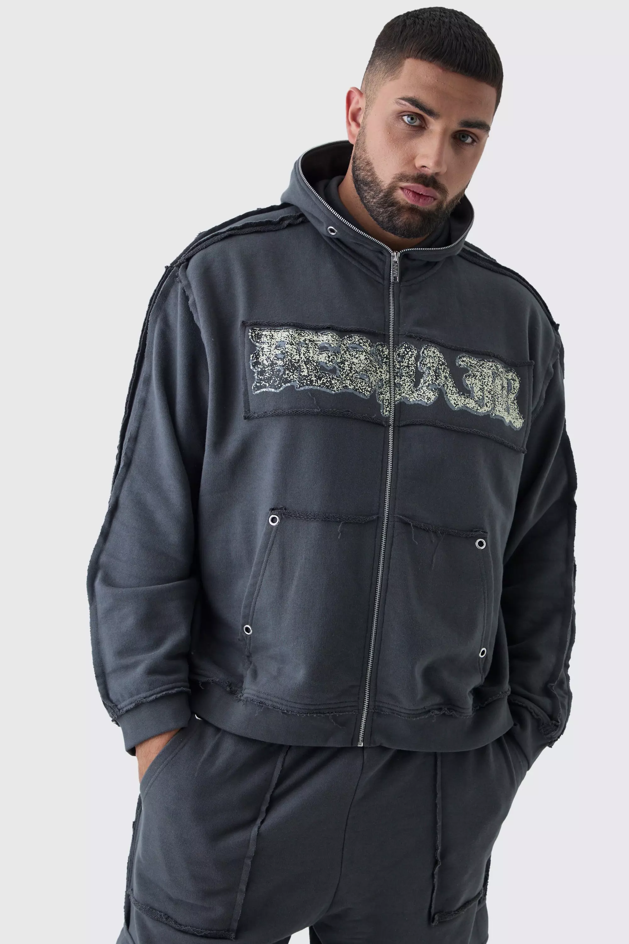 Plus Oversized Boxy Applique Eyelet Zip Through Loopback Hoodie Charcoal