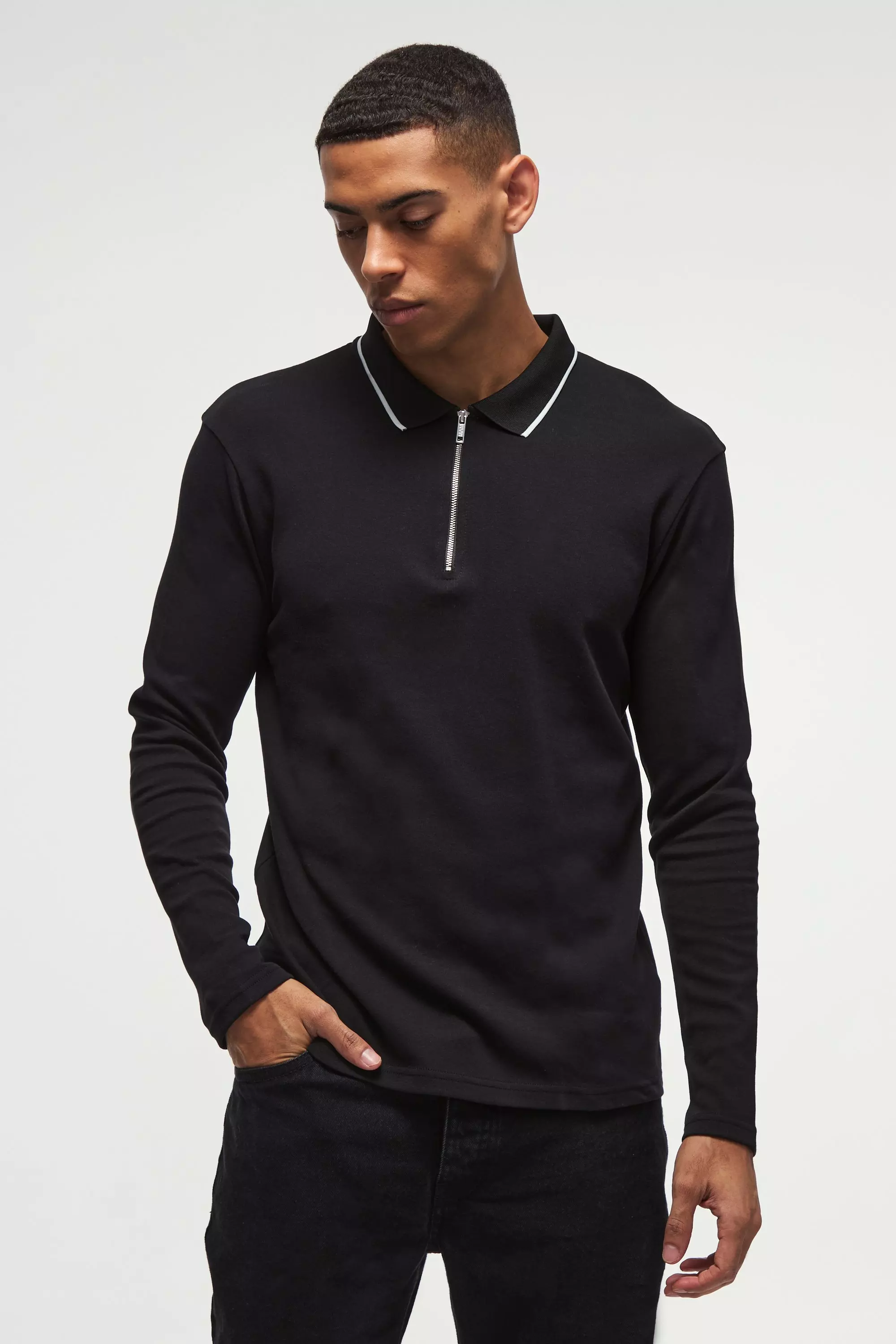 Black Long Sleeve 1/4 Zip Interlock Tipped Polo