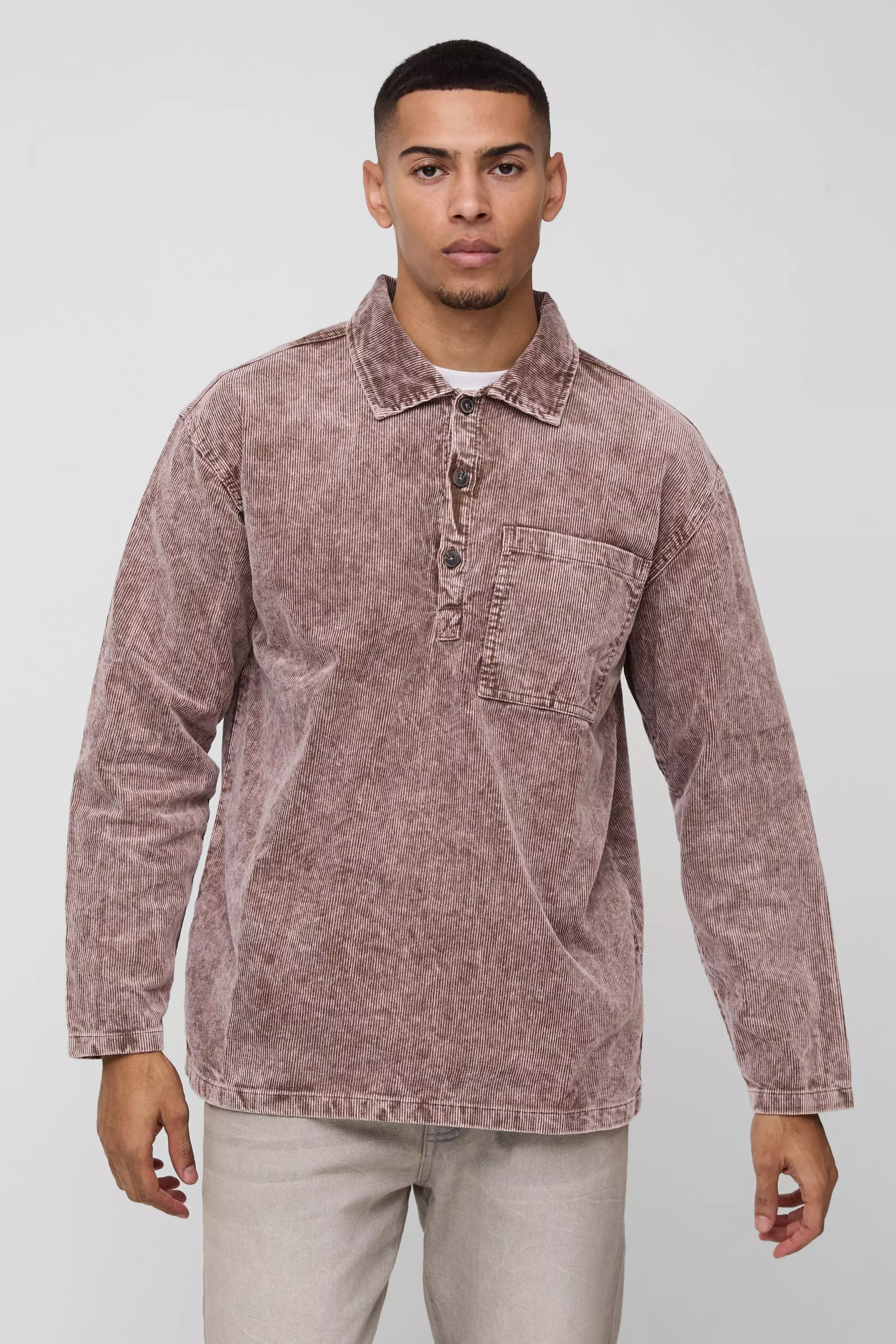 Chocolate Brown Oversized Acid Wash Cord Rugby Shirt