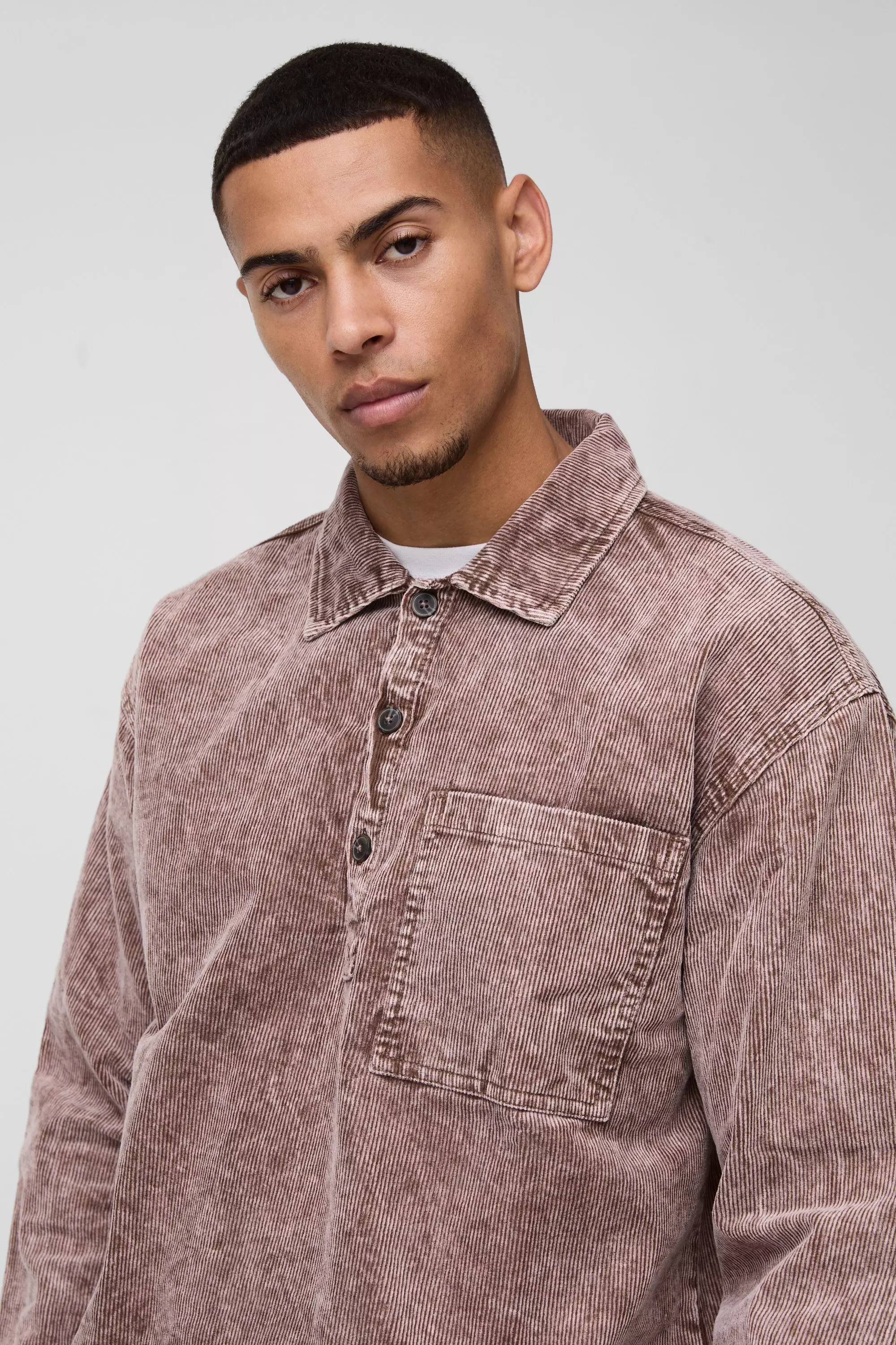 Chocolate Oversized Acid Wash Cord Rugby Shirt alternative image