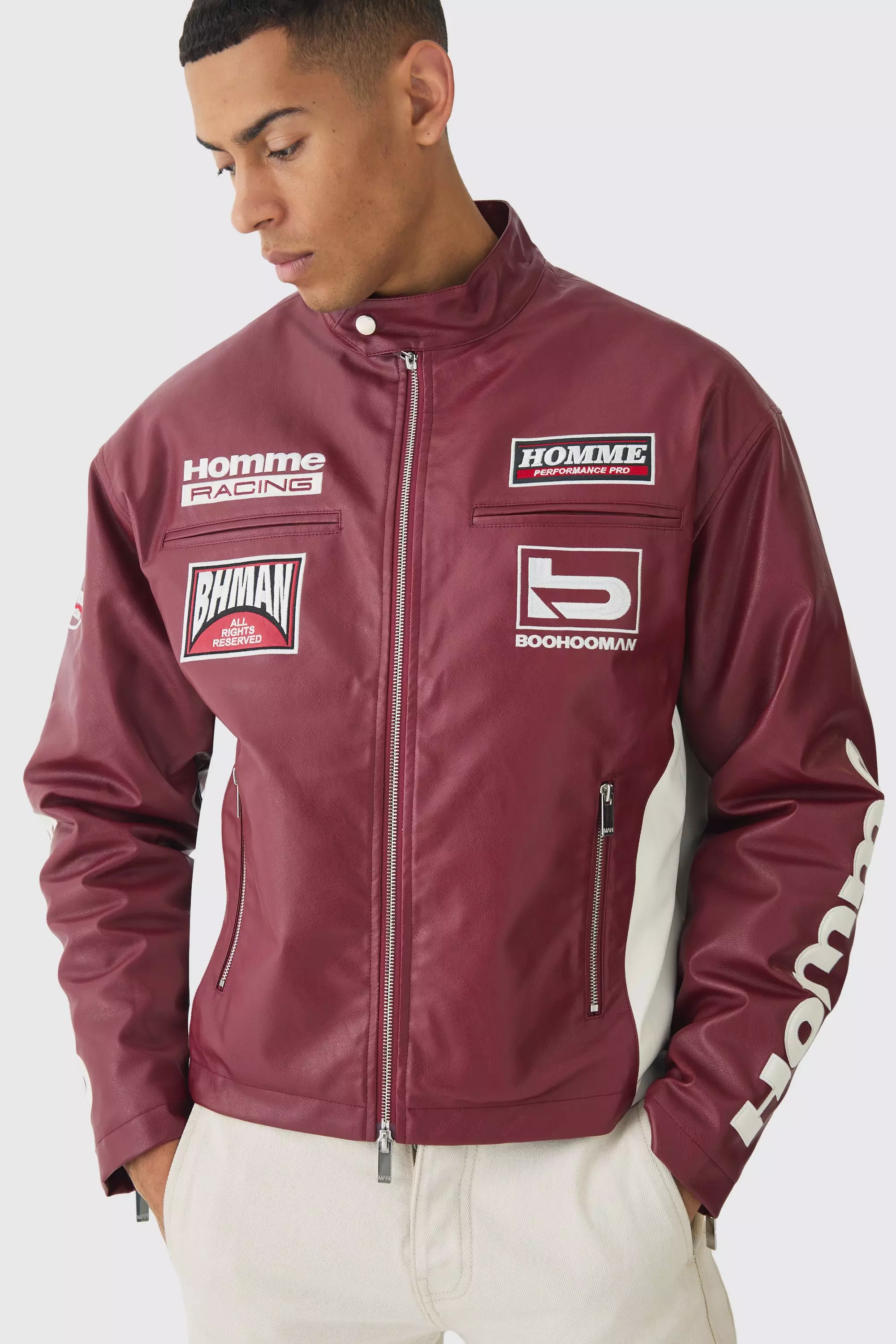Boxy Homme Applique PU Moto Jacket boohooMAN