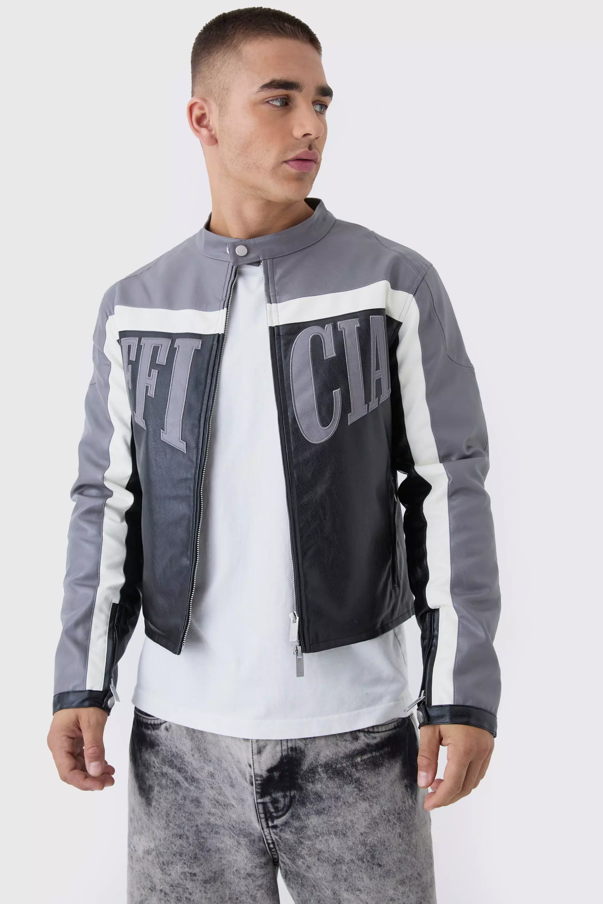 Slim Fit Official PU Biker Jacket Grey