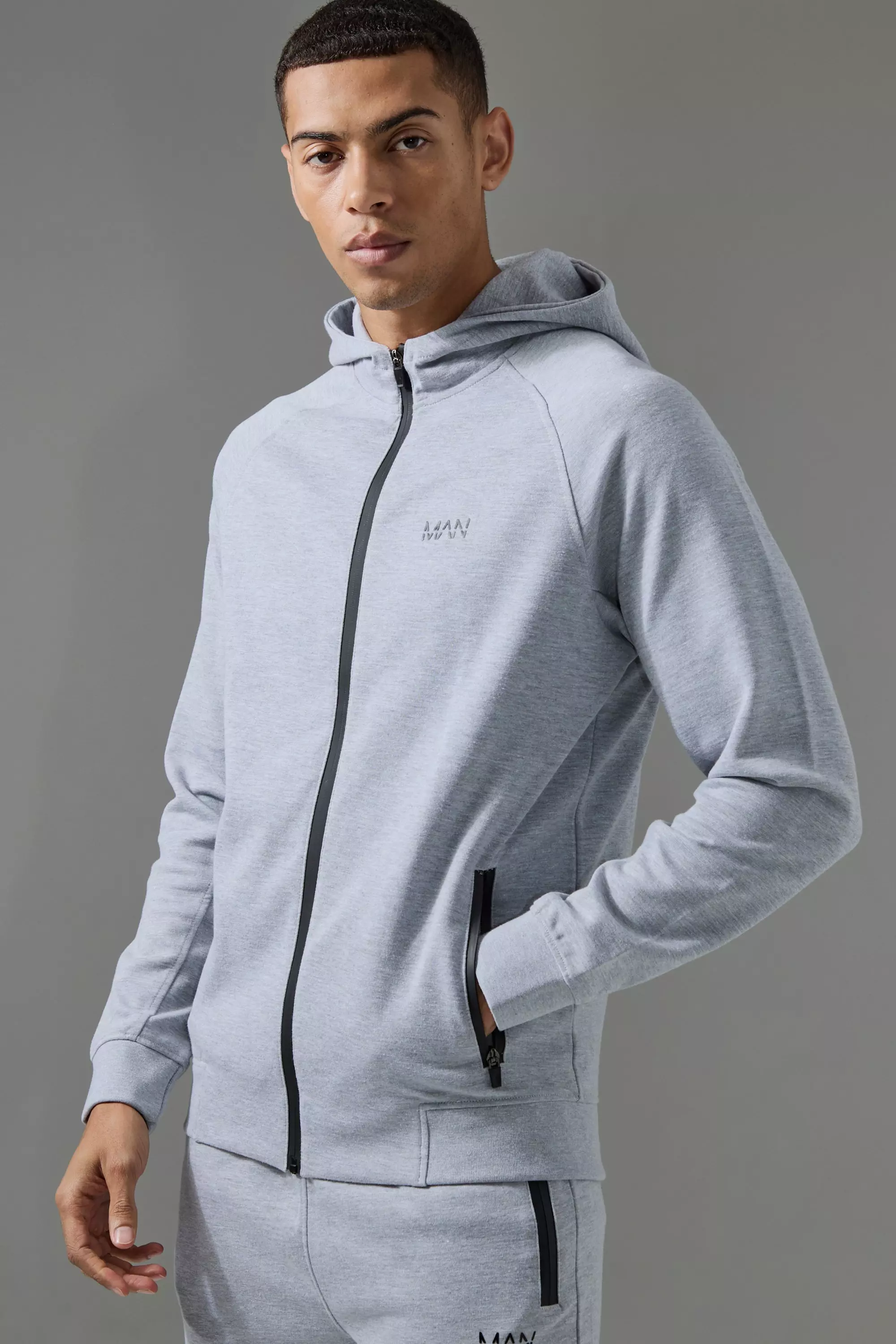 Man Active Pro Fleece Reg Fit Zip Through Hoodie Grey