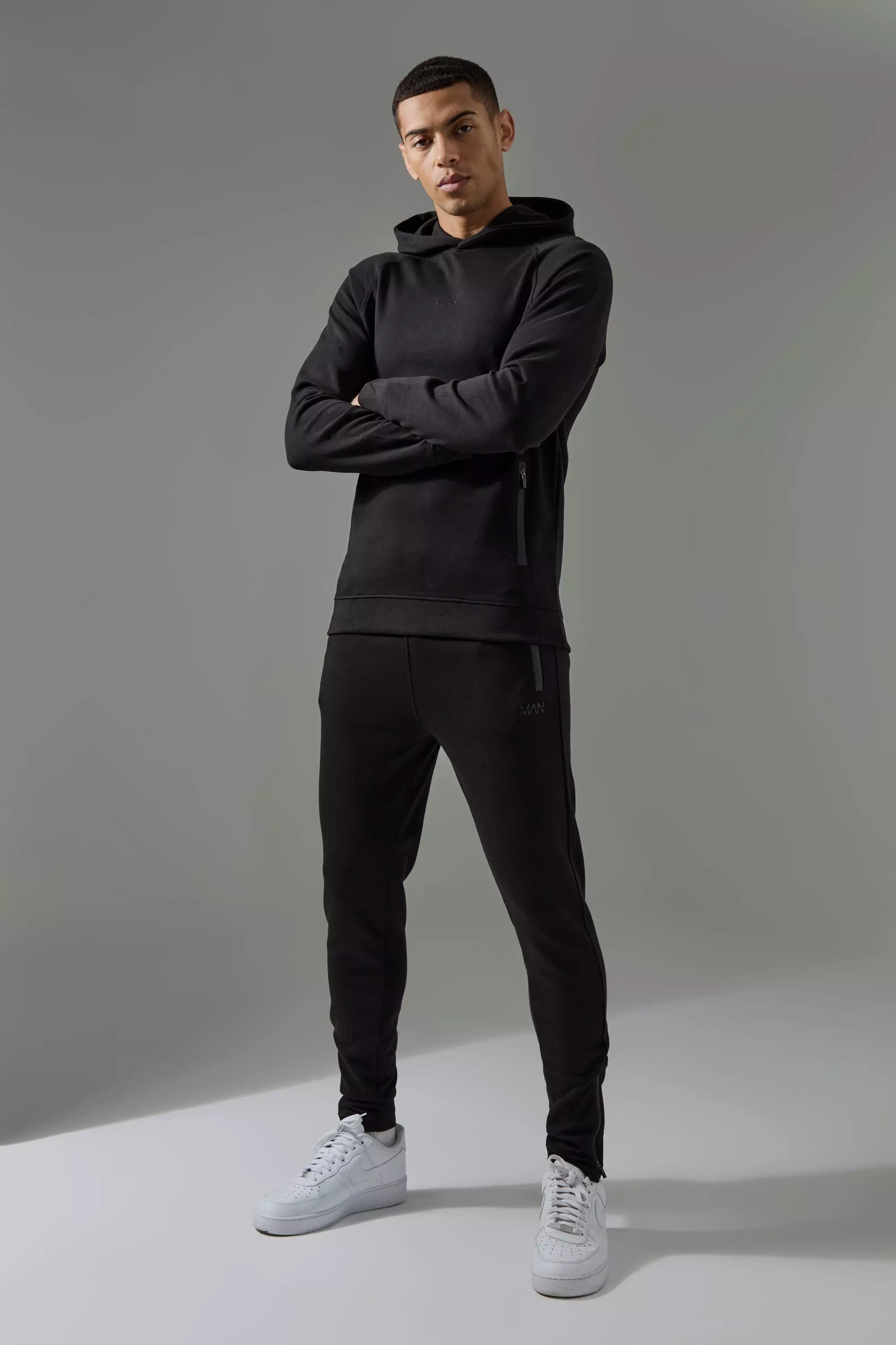 Man Active Pro Fleece Hoodie & Skinny Fit Jogger Tracksuit Black