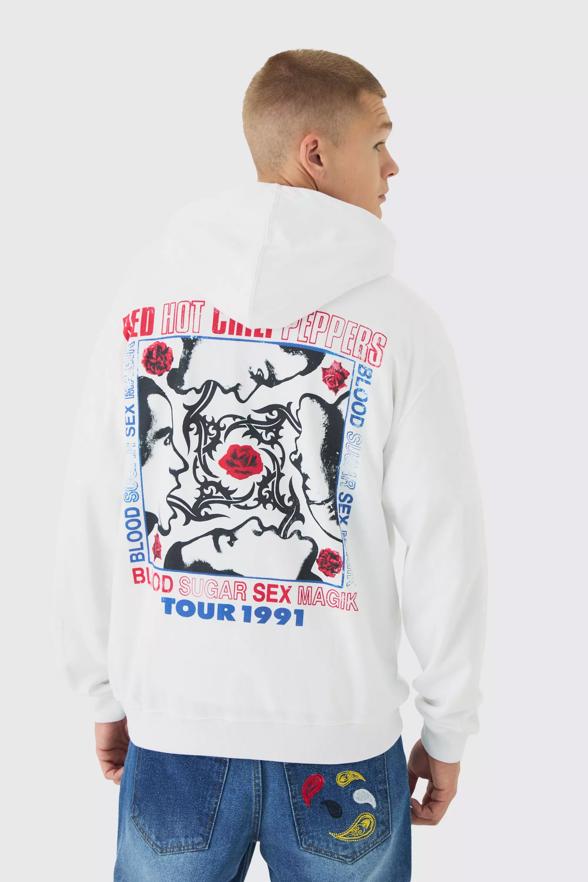 White Oversized Red Hot Chili Peppers License Print Hoodie