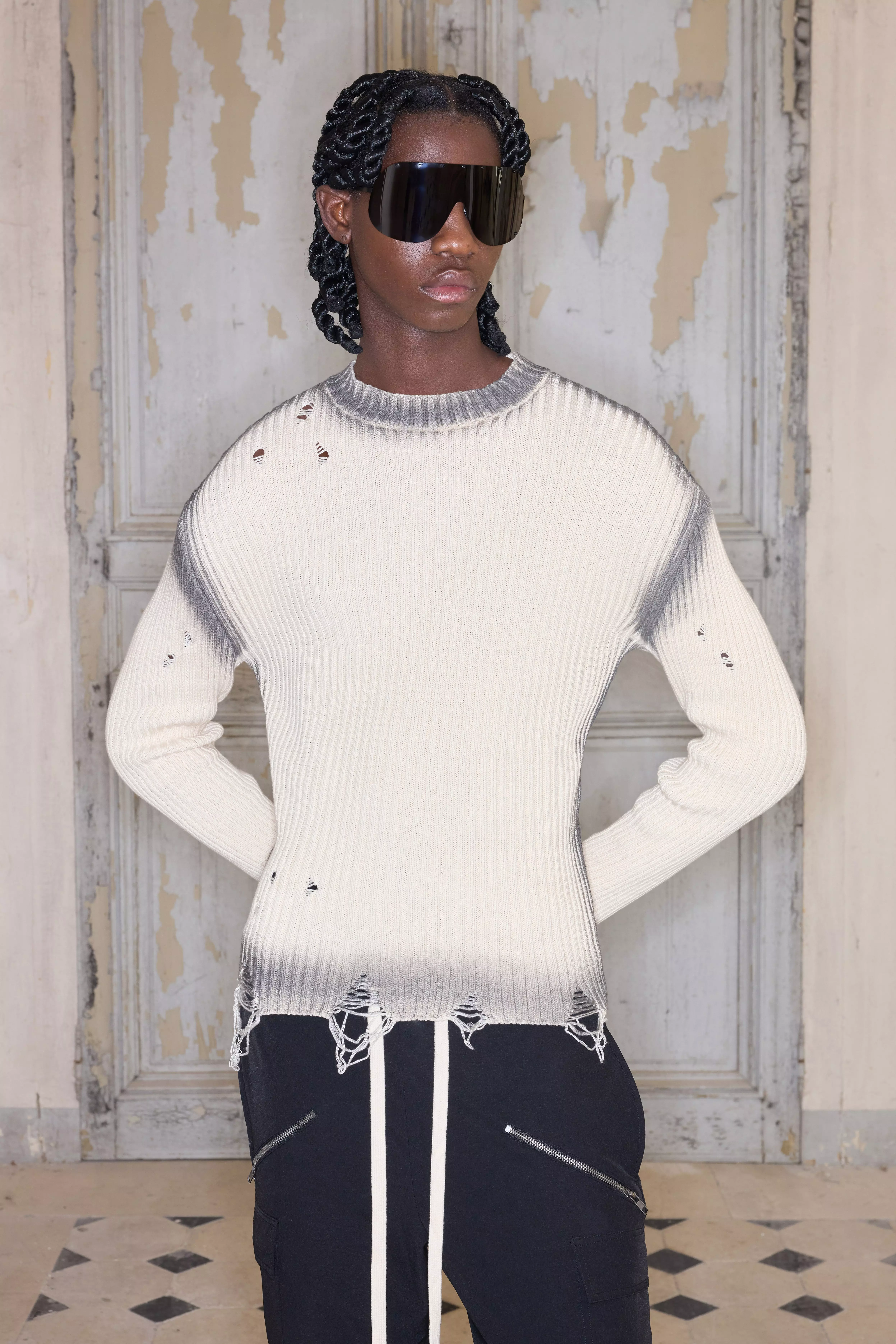 Premium Muscle Fit Distressed Knitted Jumper Stone