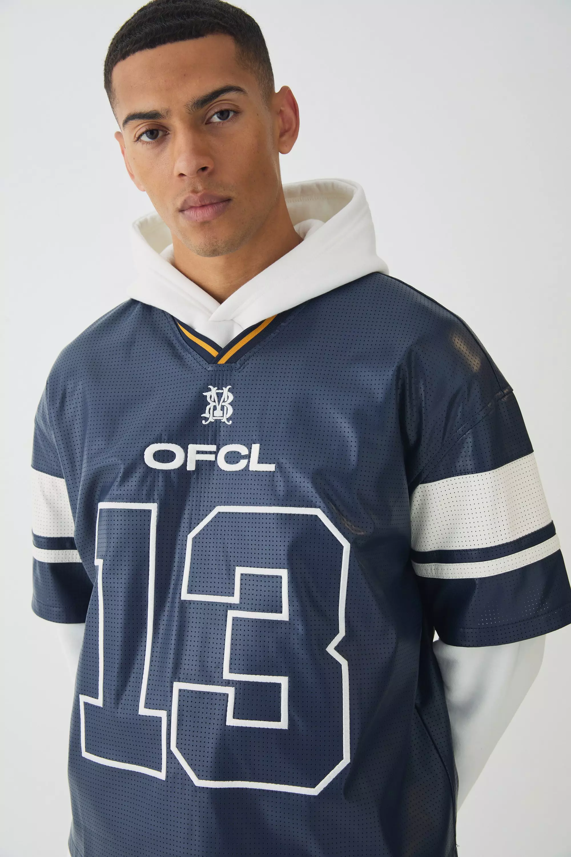 Oversized Boxy Perforated Faux Leather Football Jersey Top boohooMAN UK