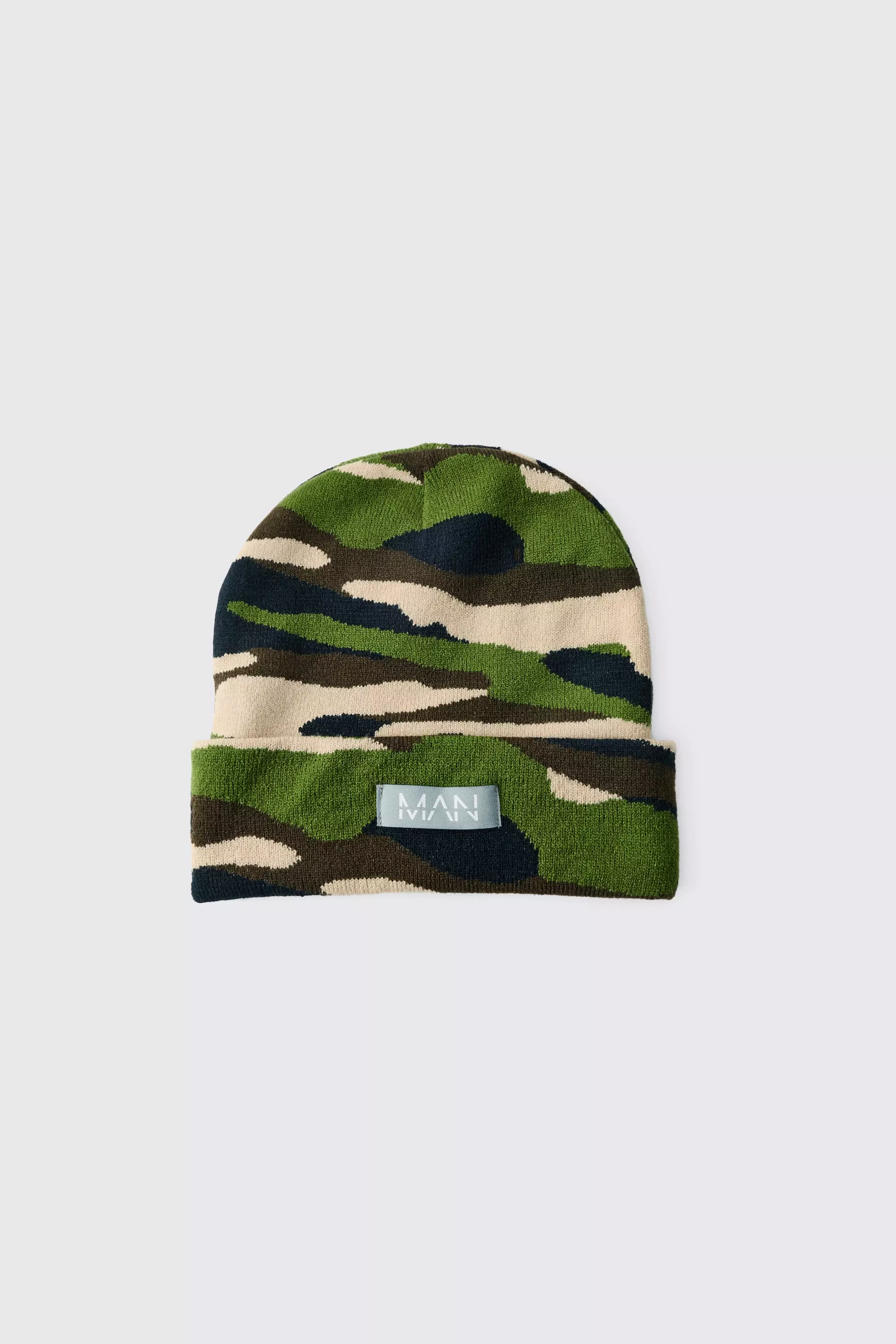 Camo Print Man Woven Tab Beanie In Green boohooMAN USA