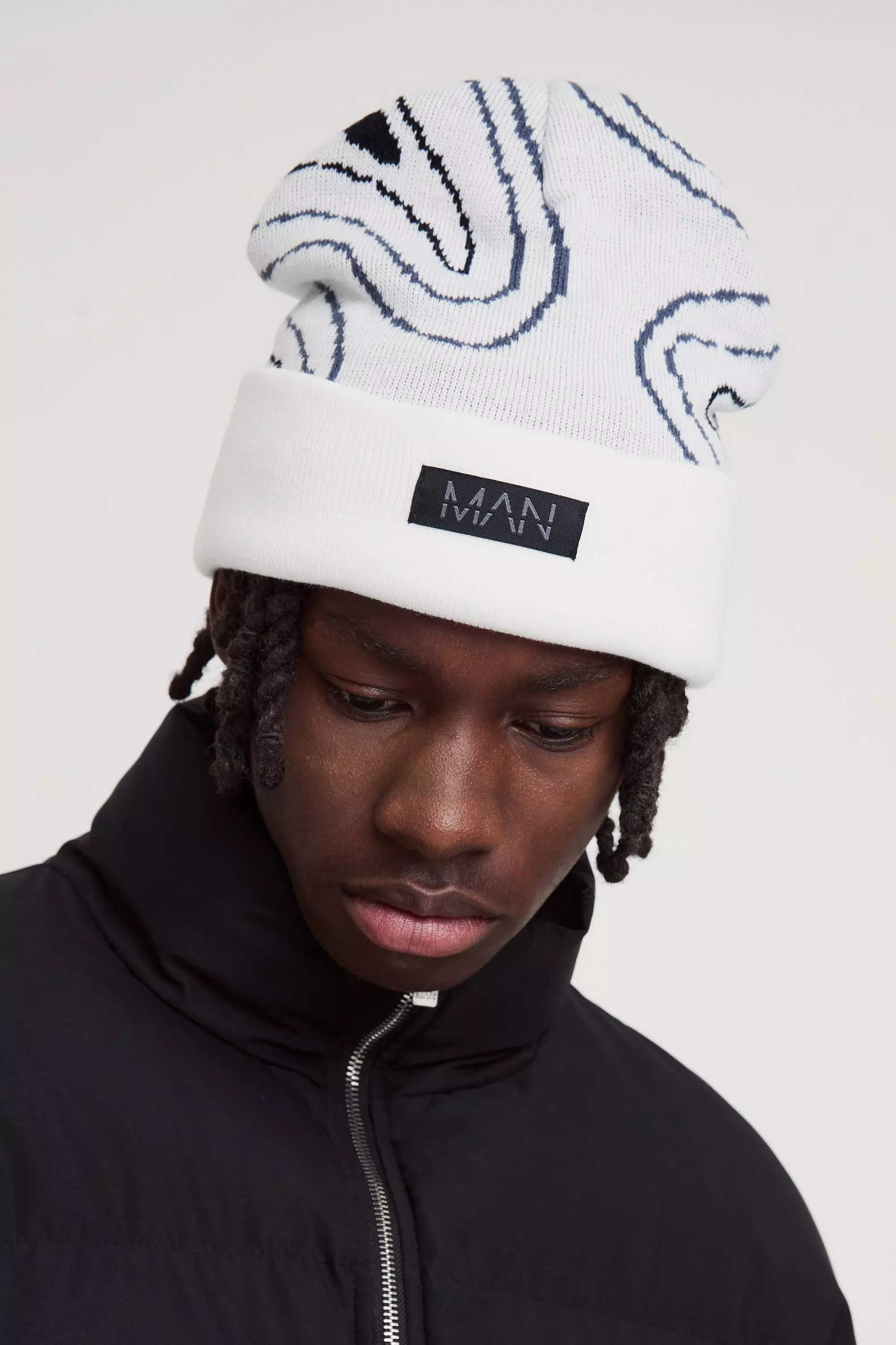 White Swirl Print Man Tab Graphic Beanie alternative image