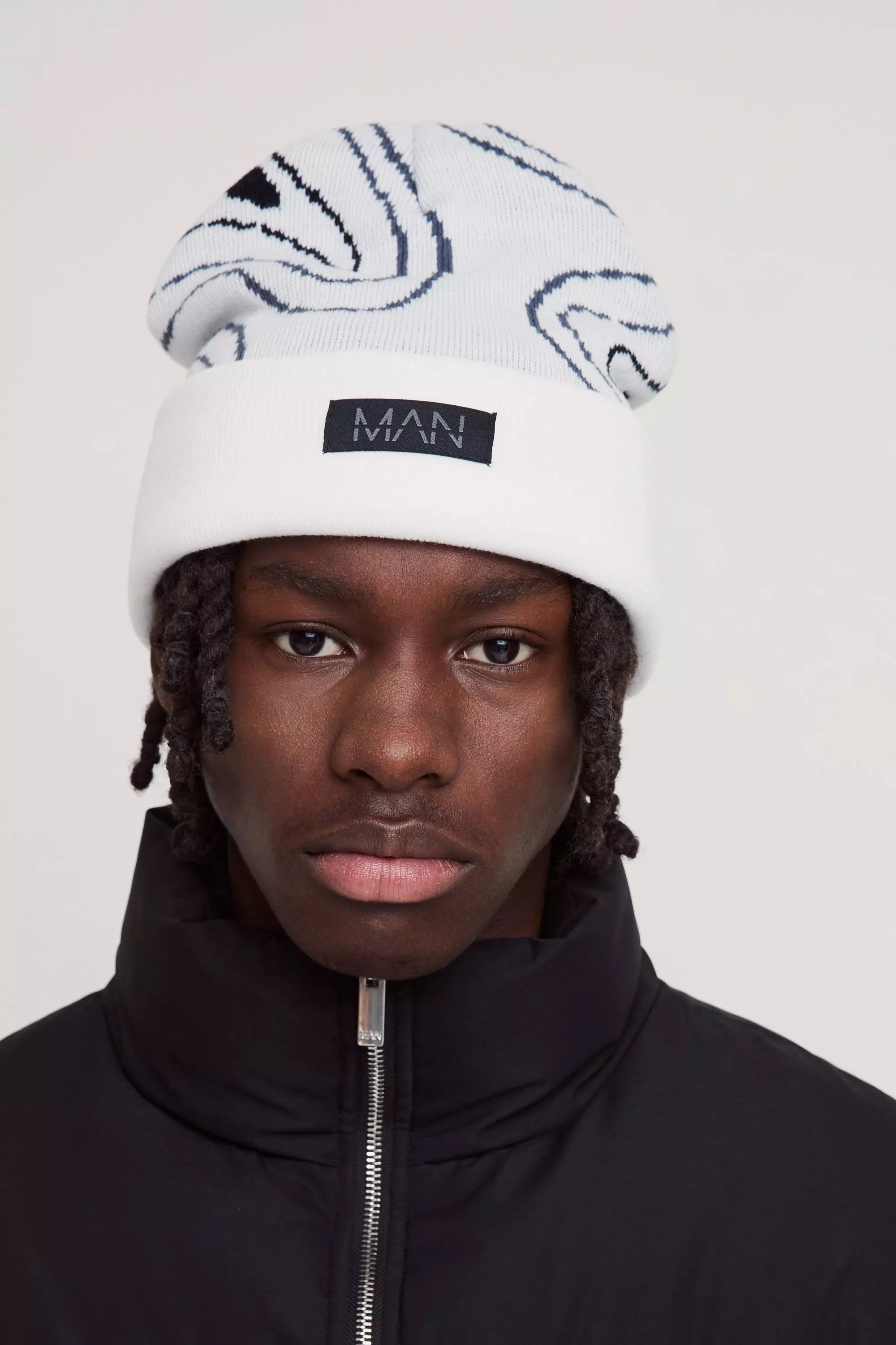 White Swirl Print Man Tab Graphic Beanie alternative image