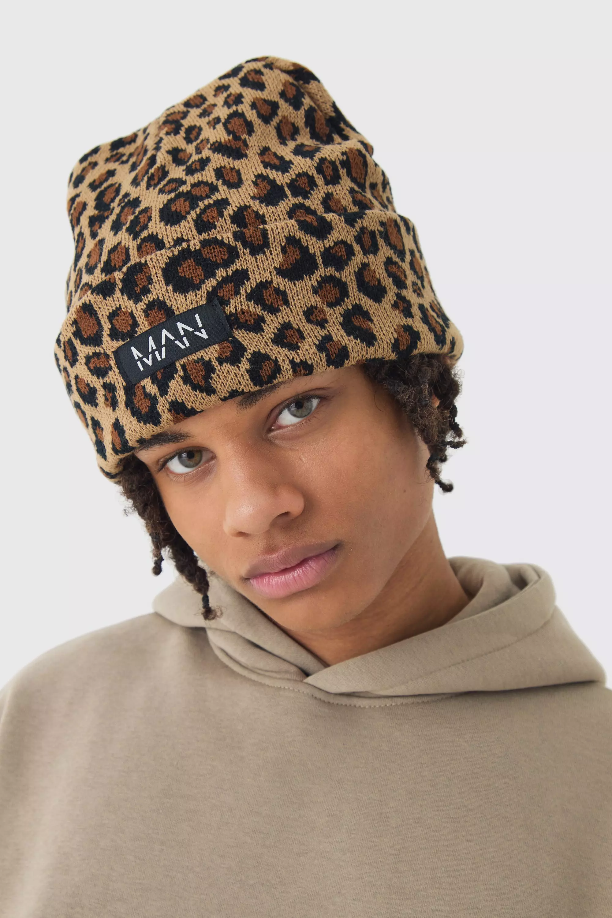 Leopard Print Beanie Grey