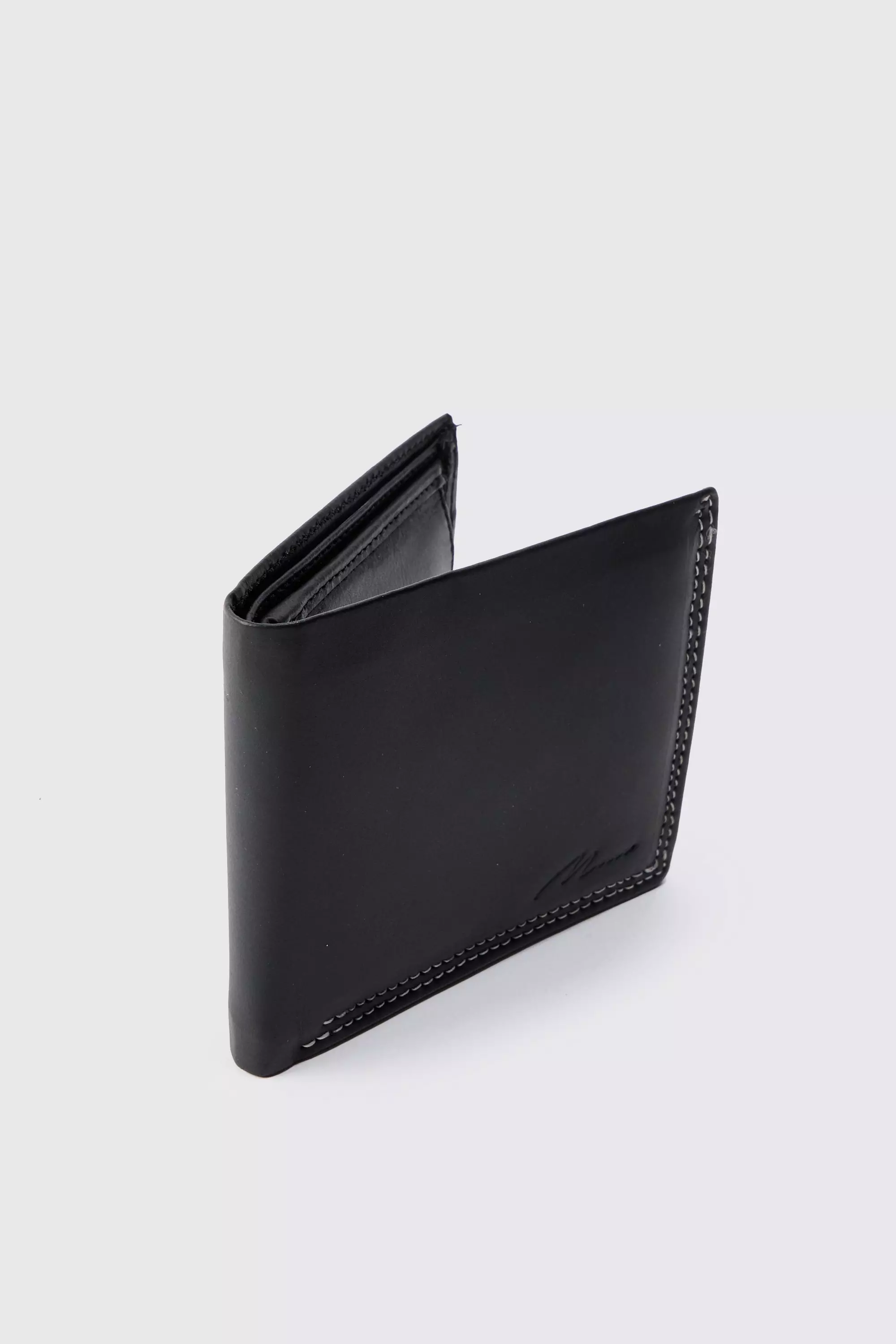 Black Real Leather Man Signature Embossed Wallet In Black