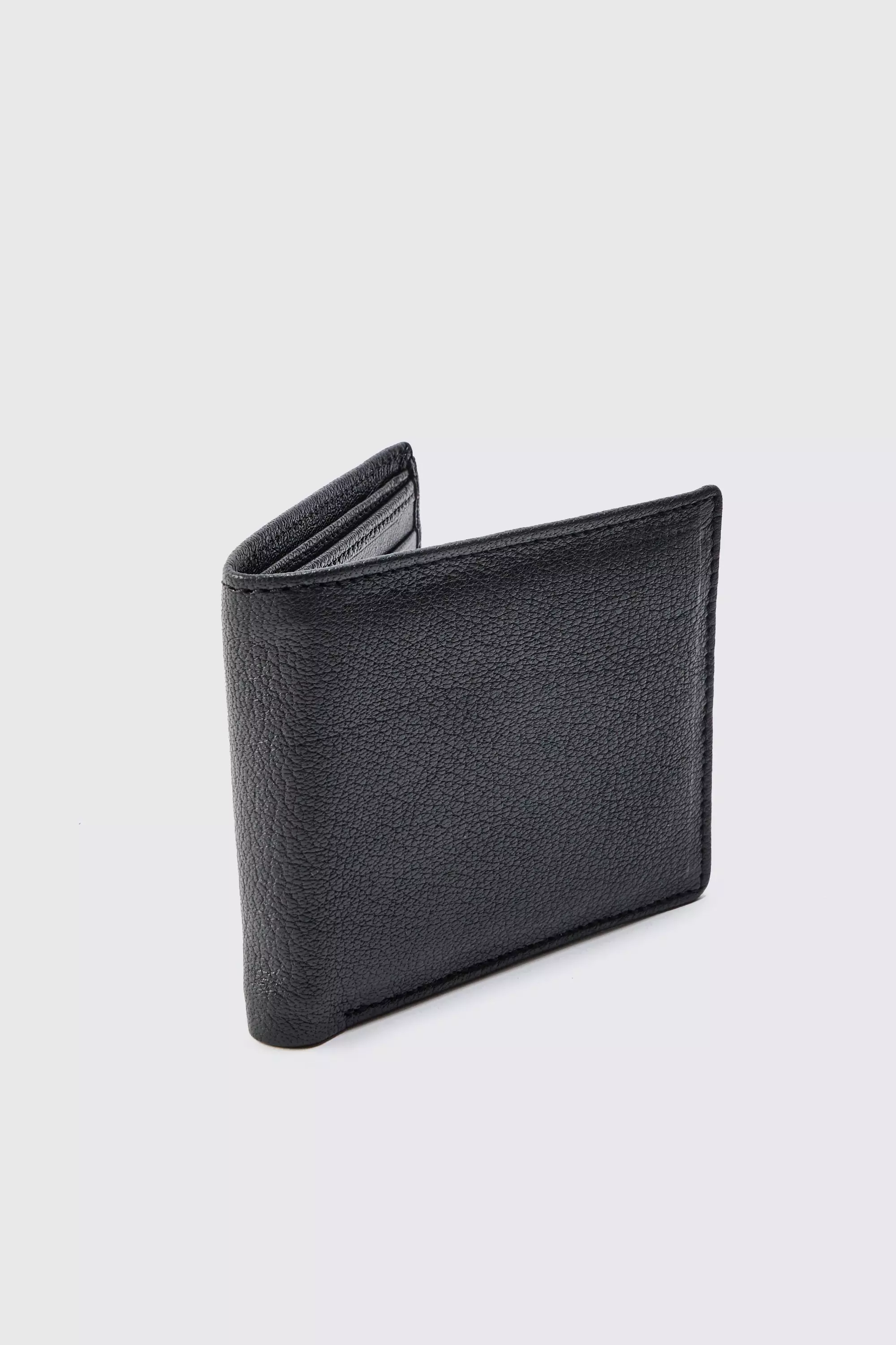 Black Real Leather Plain Wallet In Black