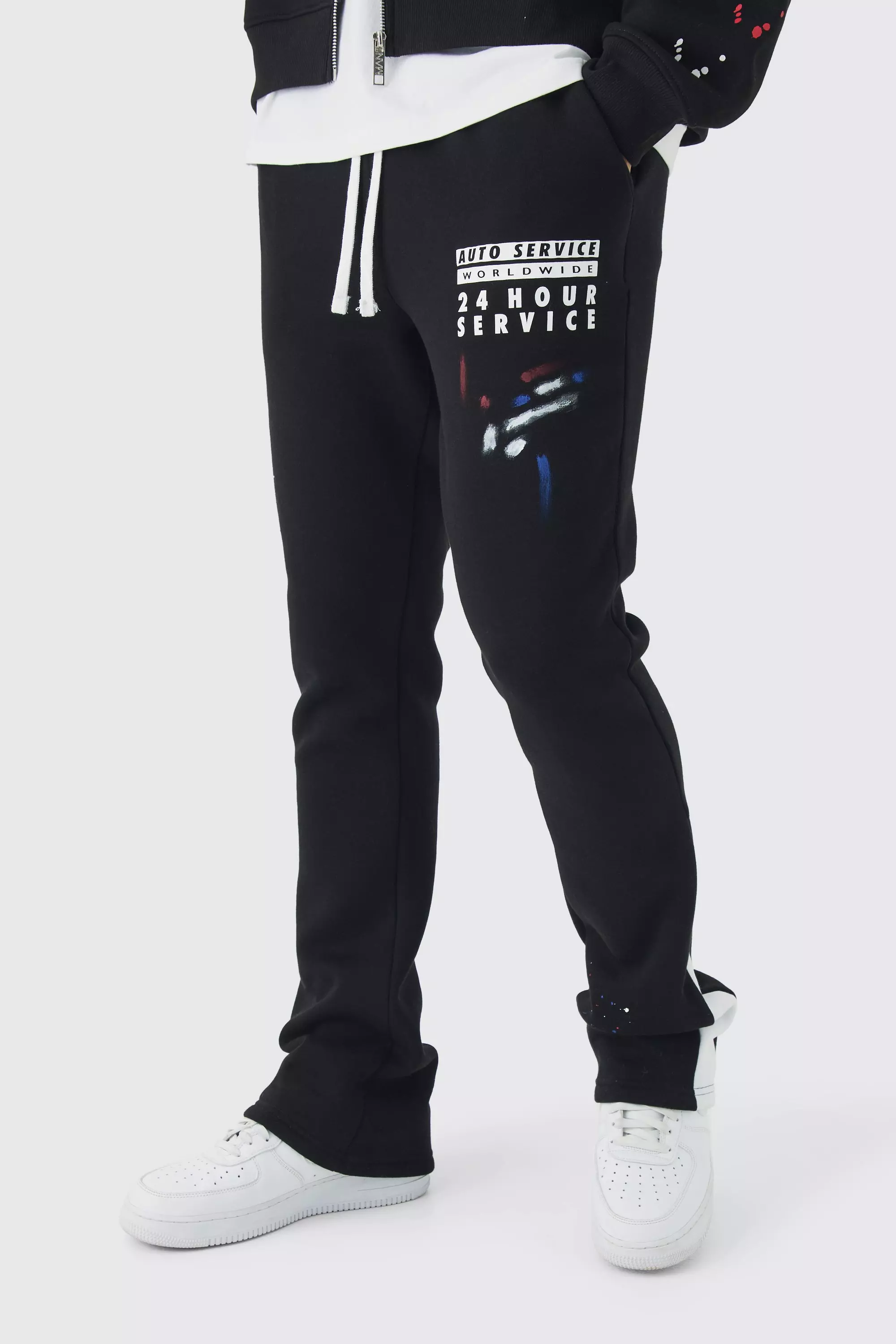 Slim Stacked Flare Paint Splatter Gusset Sweatpants Black