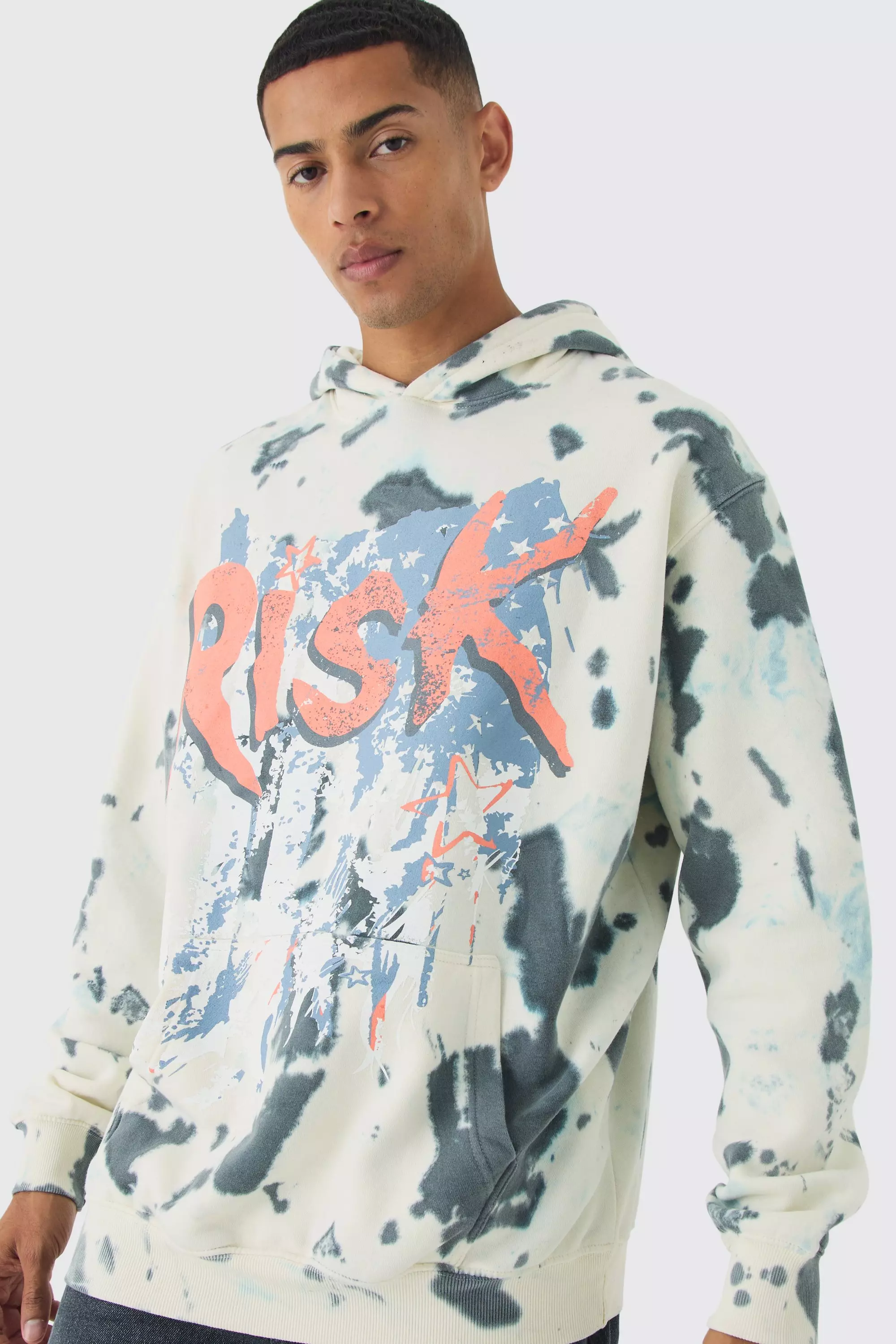 Ecru White Oversized Boxy Risk Print Hoodie