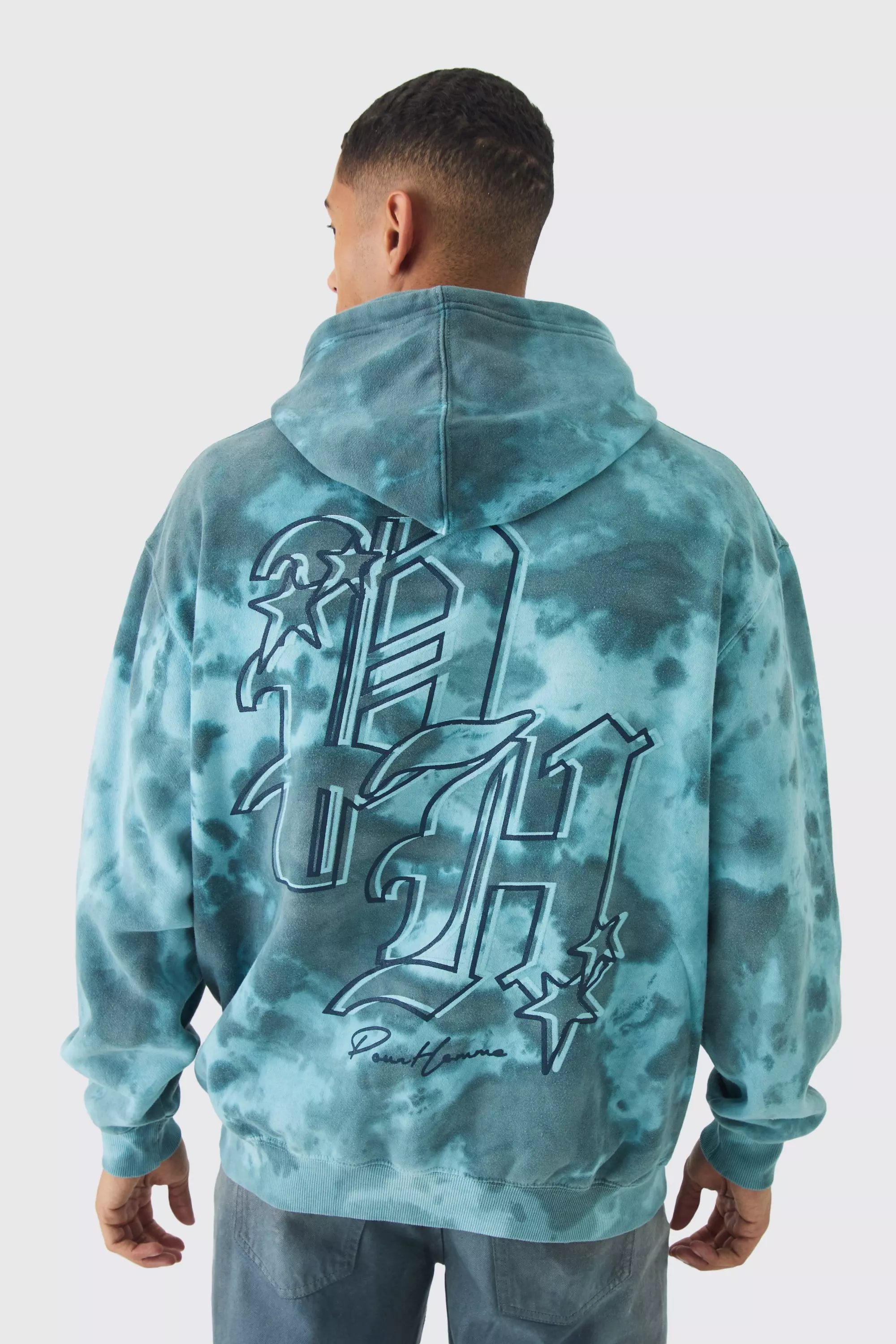 Oversized Boxy Washed BH Print Hoodie Teal